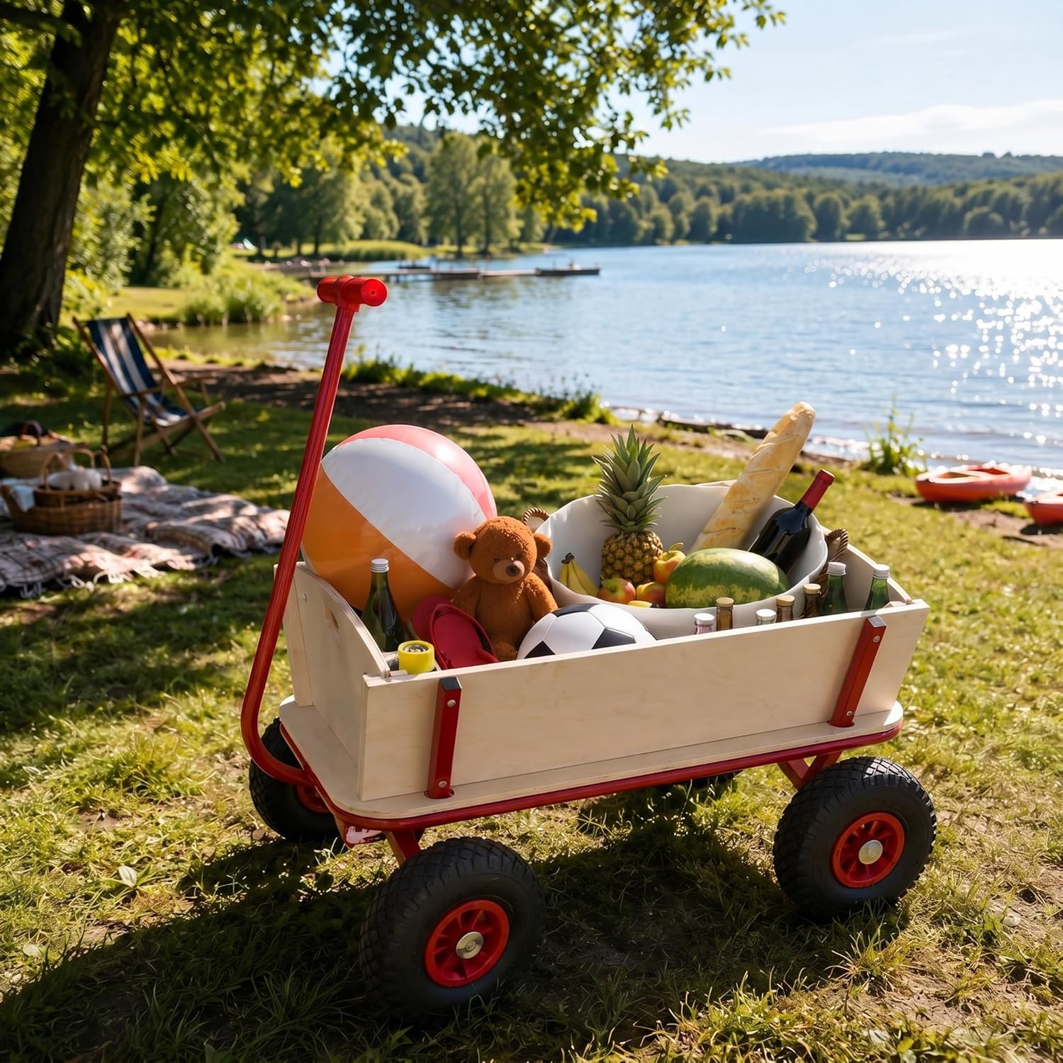 MONZANA® Bollerwagen Holz bis 180 kg mit Dach Luftreifen Stabil Robust Stahl Allround Handwagen Gartenwagen Strandwagen Leiterwagen Transportwagen Rot — Ansicht 5
