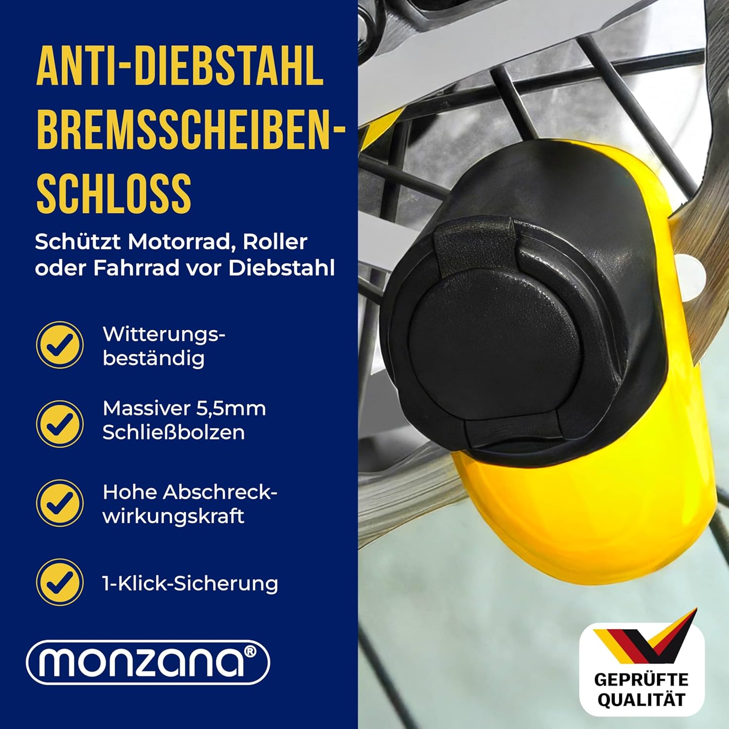 MONZANA® Bremsscheibenschloss Set mit Erinnerungskabel 3 Schlüssel mit LED Scheibenschloss Fahrradschloss Motorradschloss — Ansicht 2