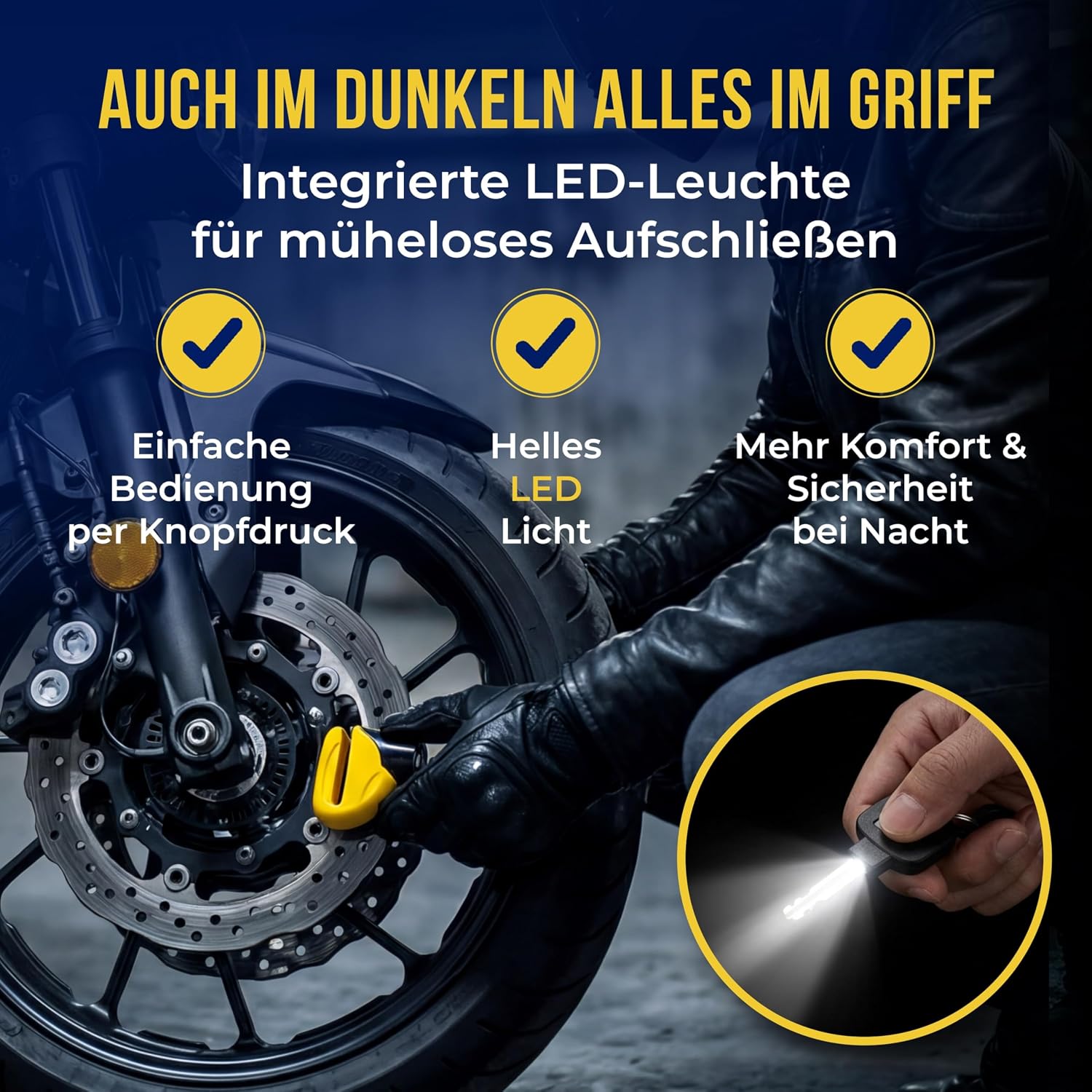 MONZANA® Bremsscheibenschloss Set mit Erinnerungskabel 3 Schlüssel mit LED Scheibenschloss Fahrradschloss Motorradschloss — Ansicht 4