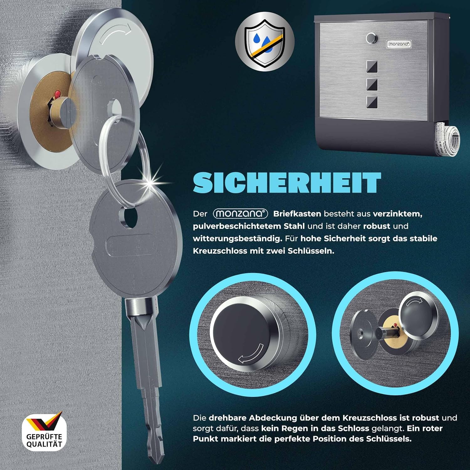MONZANA® Briefkasten Kreuzschloss mit Kupfer-Schließzylinder drehbare Abdeckung 31x10x34 cm Sichtfenster Namensschild Zeitungsfach legierter Stahl 2 Schlüssel Postkasten Schwarz-Silber — Ansicht 2