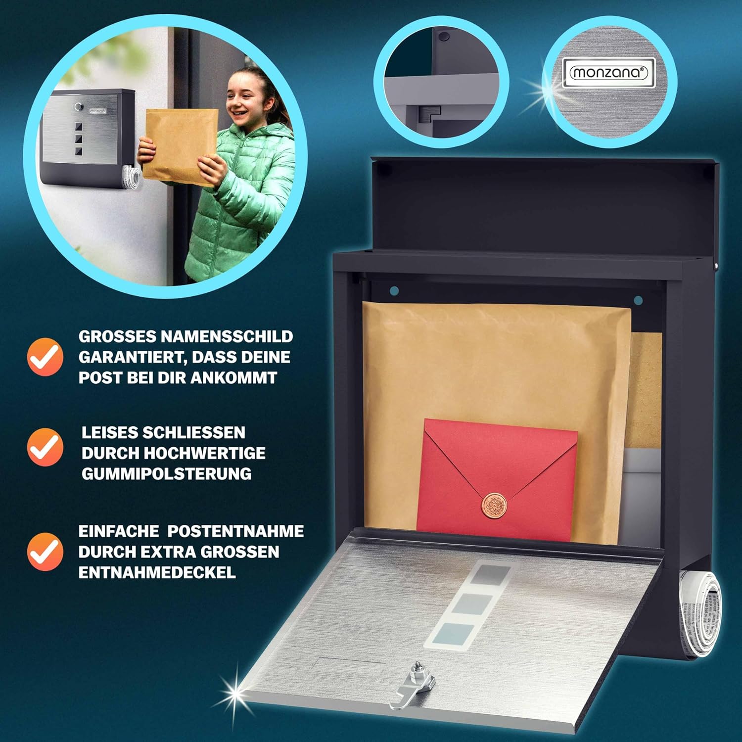 MONZANA® Briefkasten Kreuzschloss mit Kupfer-Schließzylinder drehbare Abdeckung 31x10x34 cm Sichtfenster Namensschild Zeitungsfach legierter Stahl 2 Schlüssel Postkasten Schwarz-Silber — Ansicht 3