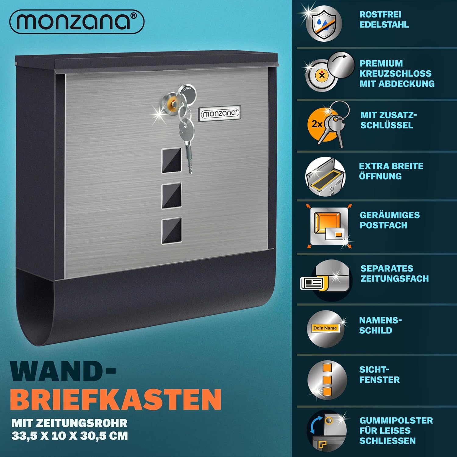 MONZANA® Briefkasten Kreuzschloss mit Kupfer-Schließzylinder drehbare Abdeckung 31x10x34 cm Sichtfenster Namensschild Zeitungsfach legierter Stahl 2 Schlüssel Postkasten Schwarz-Silber — Ansicht 5