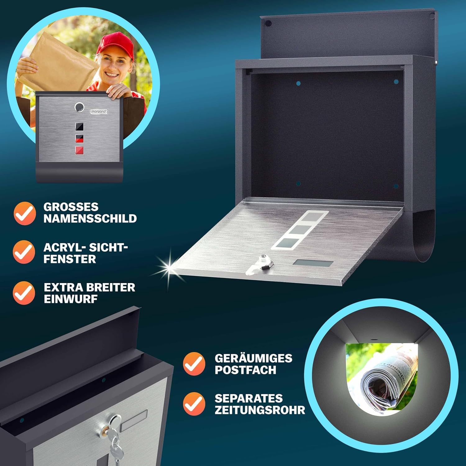 MONZANA® Briefkasten Kreuzschloss mit Kupfer-Schließzylinder drehbare Abdeckung 31x10x34 cm Sichtfenster Namensschild Zeitungsfach legierter Stahl 2 Schlüssel Postkasten Schwarz-Silber — Ansicht 6