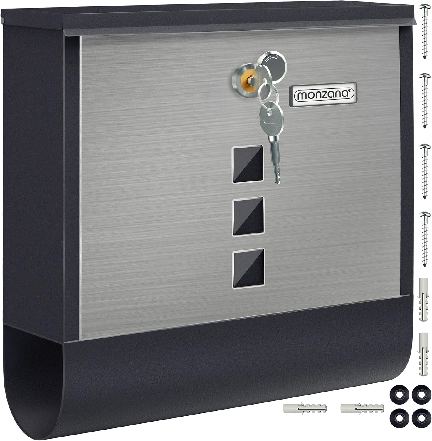 MONZANA® Briefkasten Kreuzschloss mit Kupfer-Schließzylinder drehbare Abdeckung 31x10x34 cm Sichtfenster Namensschild Zeitungsfach legierter Stahl 2 Schlüssel Postkasten Schwarz-Silber