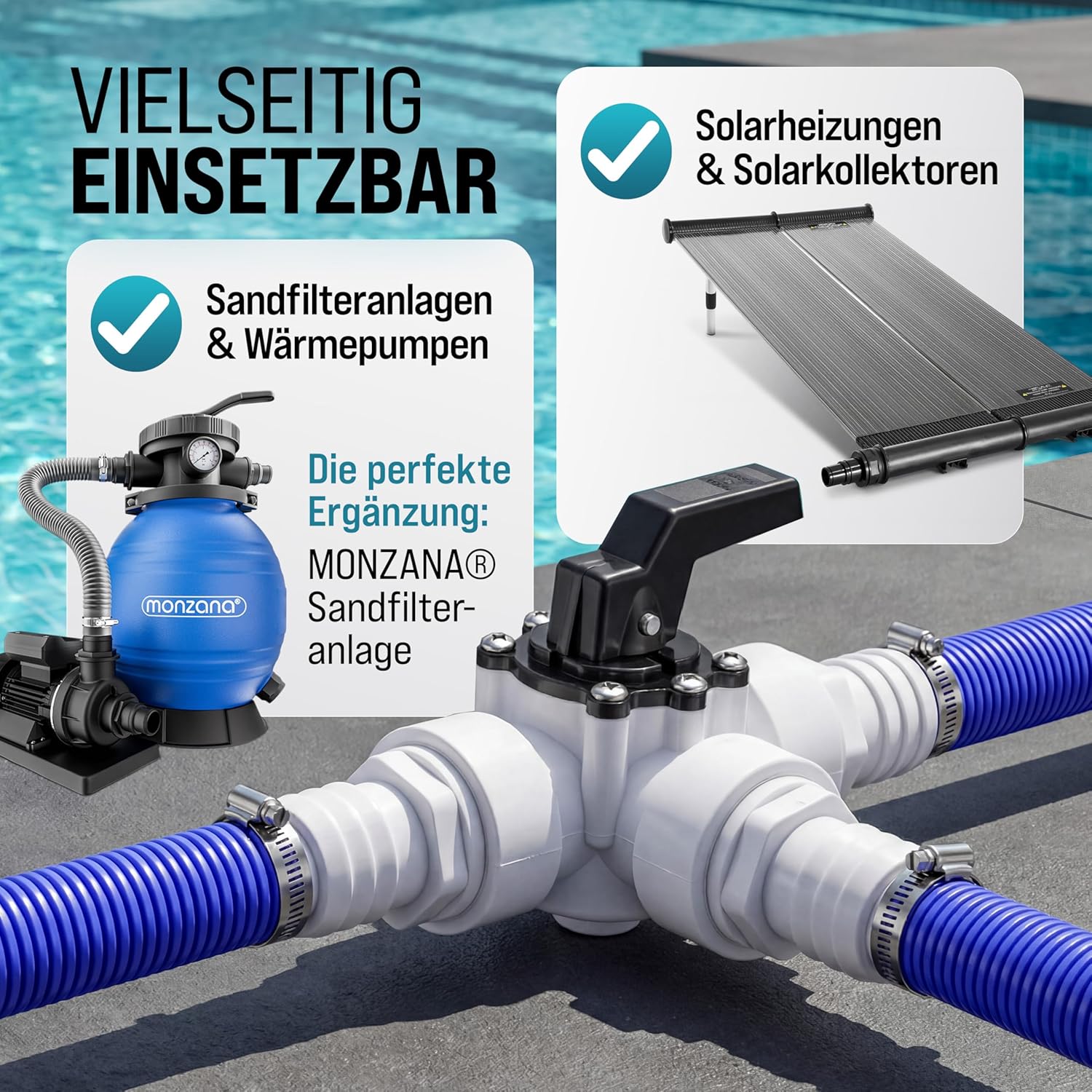 MONZANA® Bypass Set Pool 12-teilig 3 Wege Ventil Anschluss Ø 32/38mm Schlauchschellen Sandfilteranlagen Poolheizung Wärmepumpe Solarheizung — Ansicht 4