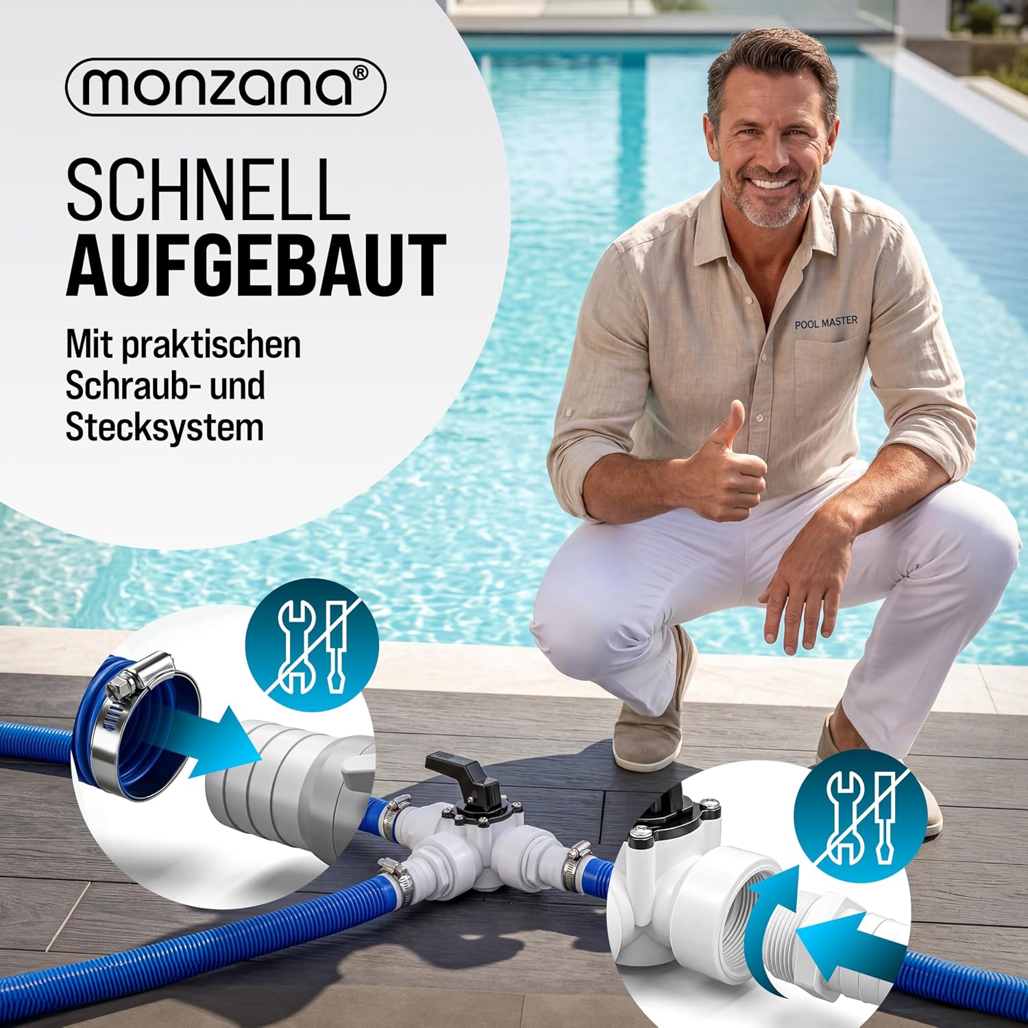 MONZANA® Bypass Set Pool 12-teilig 3 Wege Ventil Anschluss Ø 32/38mm Schlauchschellen Sandfilteranlagen Poolheizung Wärmepumpe Solarheizung — Ansicht 5