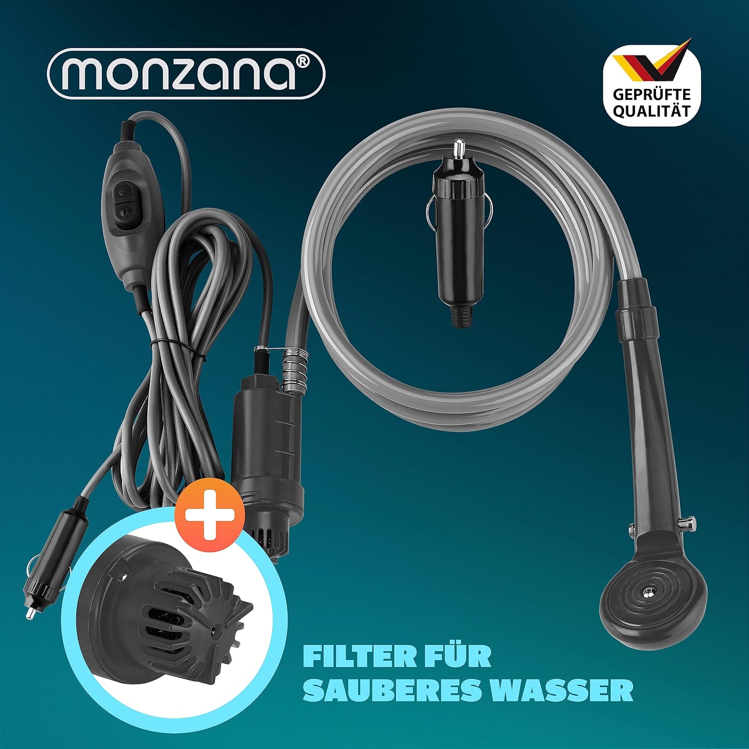 Monzana® Campingdusche tragbar mit Pumpe 12V KFZ-Adapter Aufbewahrungstasche 2m Schlauch 5m Stromkabel Auto Hundedusche Gartendusche Dusche — Ansicht 4