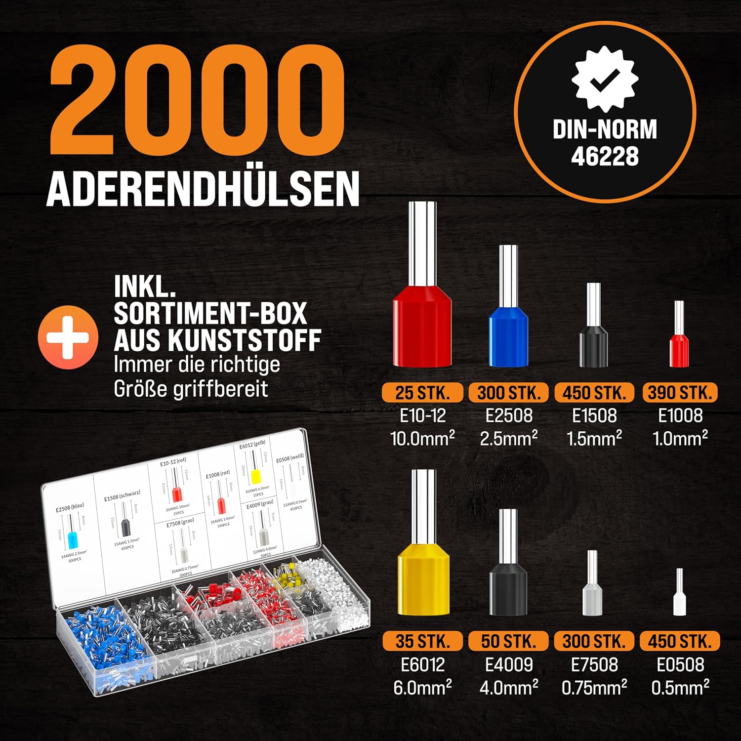 MONZANA® Crimpzange 0,25-10mm2 2000 Aderendhülsen Set elektrische Steckverbinder Aufbewahrungstasche Elektriker Werkzeug Zange Presszange Kabelschuhe — Ansicht 3