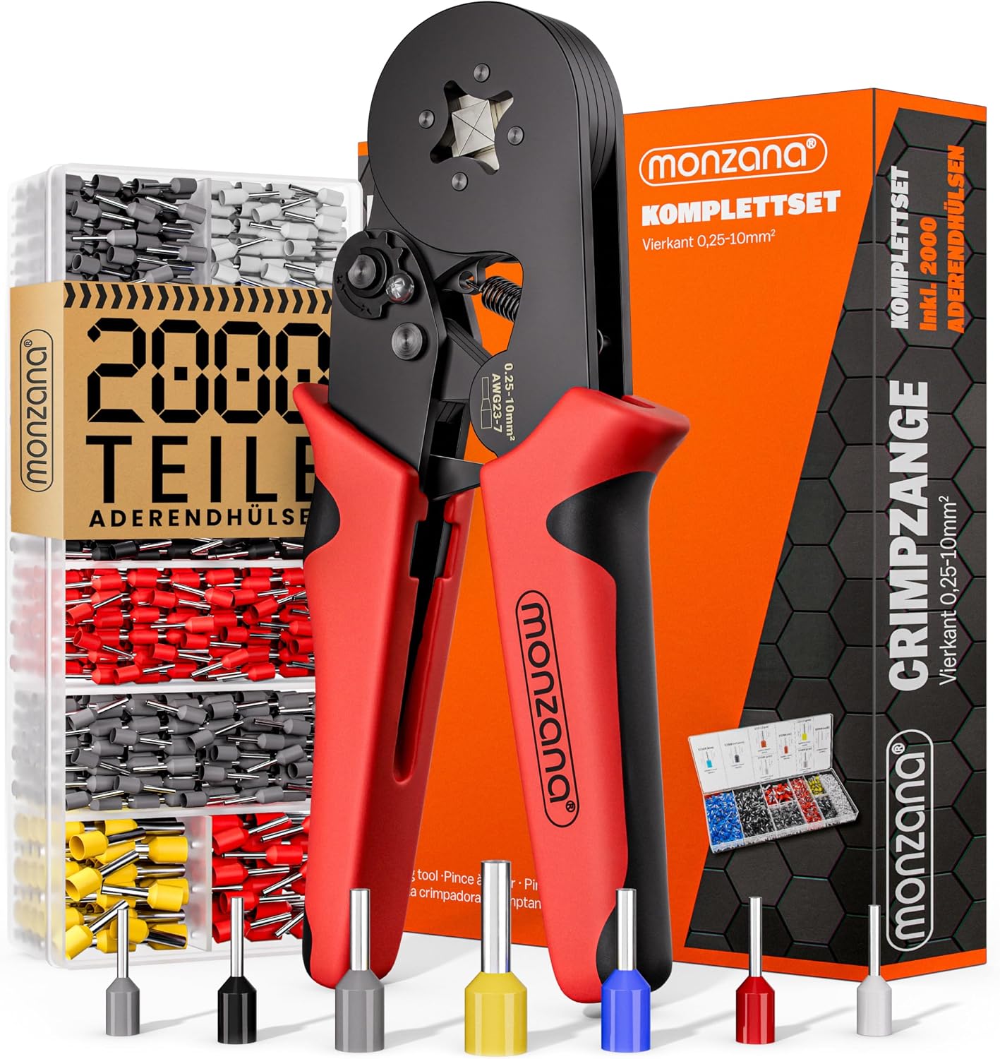 MONZANA® Crimpzange 0,25-10mm2 2000 Aderendhülsen Set elektrische Steckverbinder Aufbewahrungstasche Elektriker Werkzeug Zange Presszange Kabelschuhe