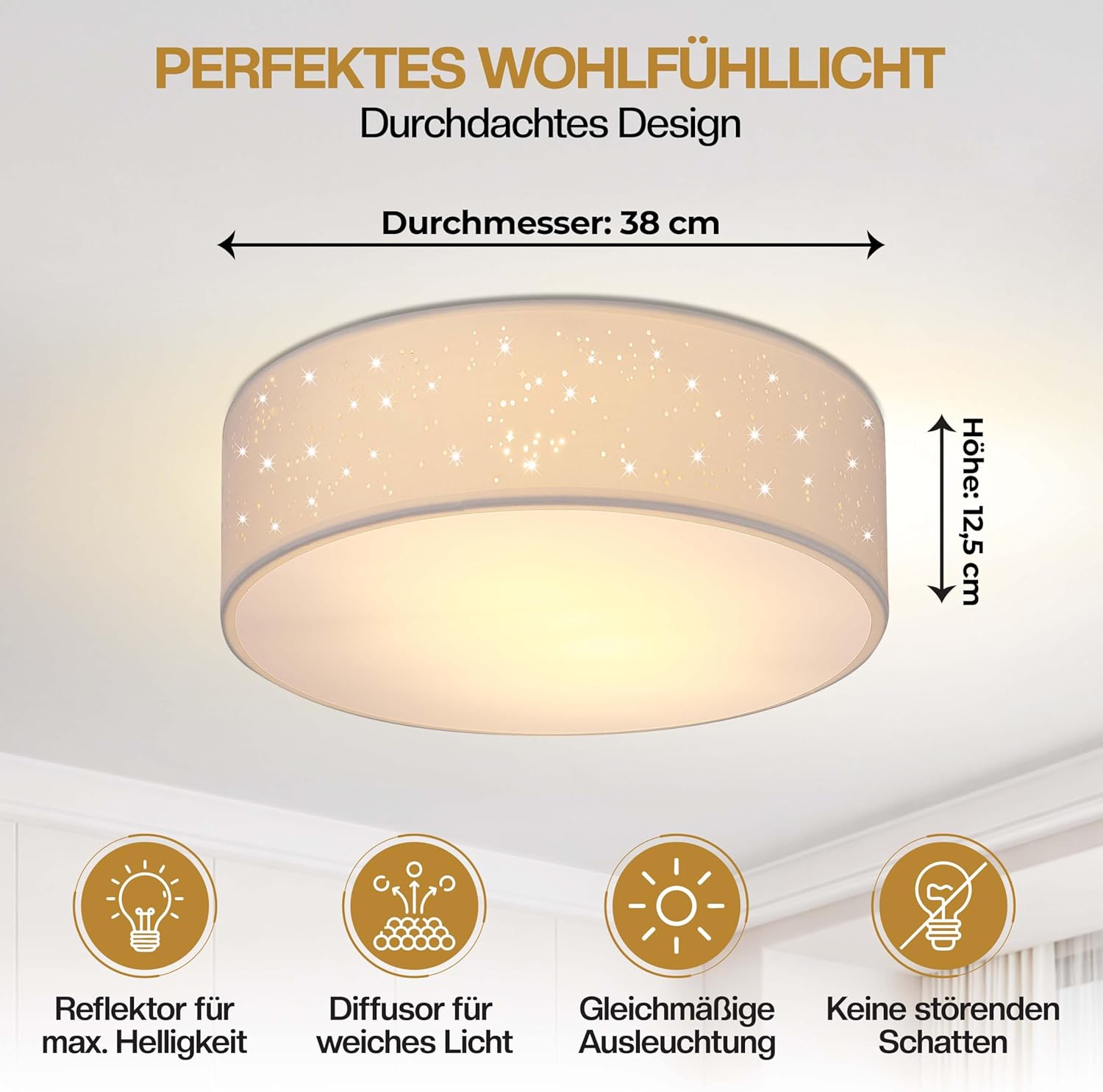 Monzana® Deckenlampe Sternenhimmel Wohnzimmer Schlafzimmer E27 Weiß Rund 38cm Stoffschirm 2-Flammig 40W Küche Lampe Deckenleuchte Stoffdeckenlampe — Ansicht 4