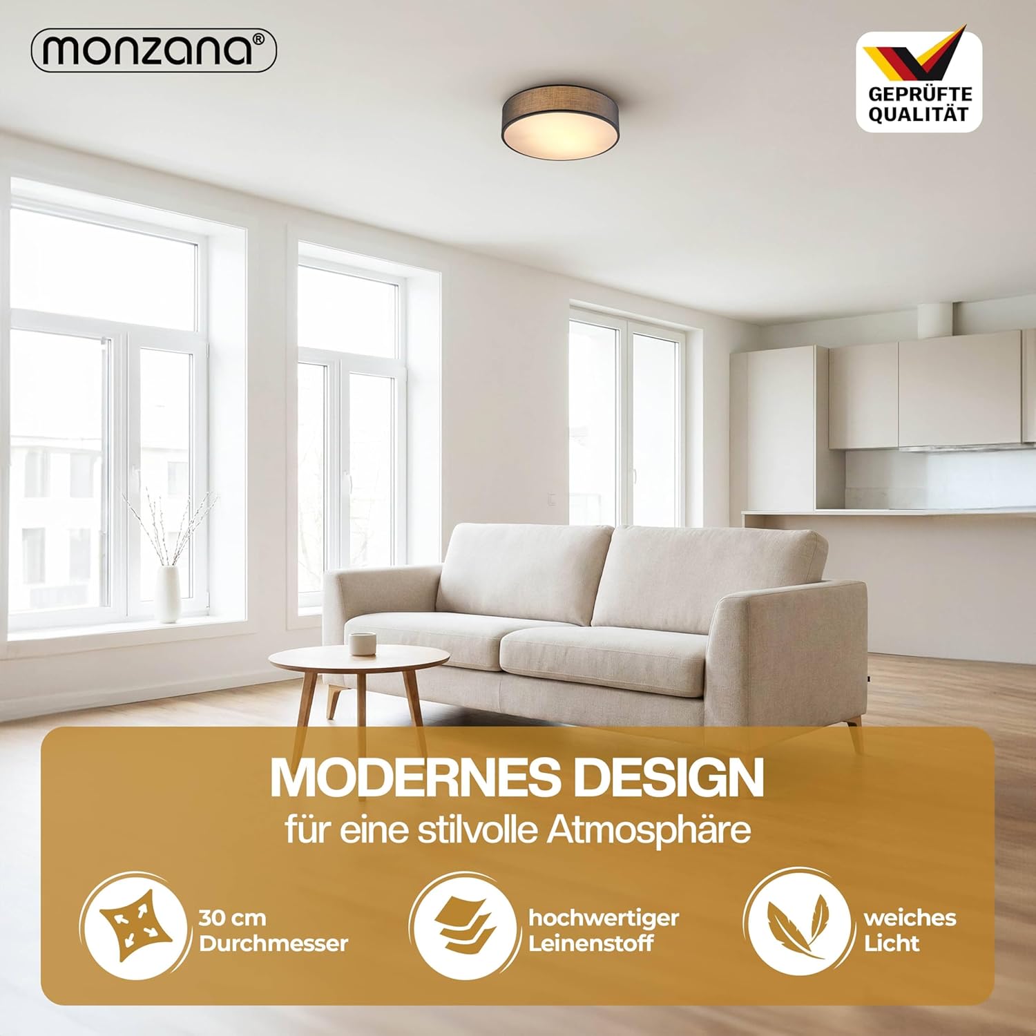 Monzana® Deckenlampe Stoff Wohnzimmer Schlafzimmer E27 Grau 30cm Rund 1-Flammig 40W Lampe Flur Küche Deckenstrahler Deckenleuchte Stoffdeckenlampe — Ansicht 2