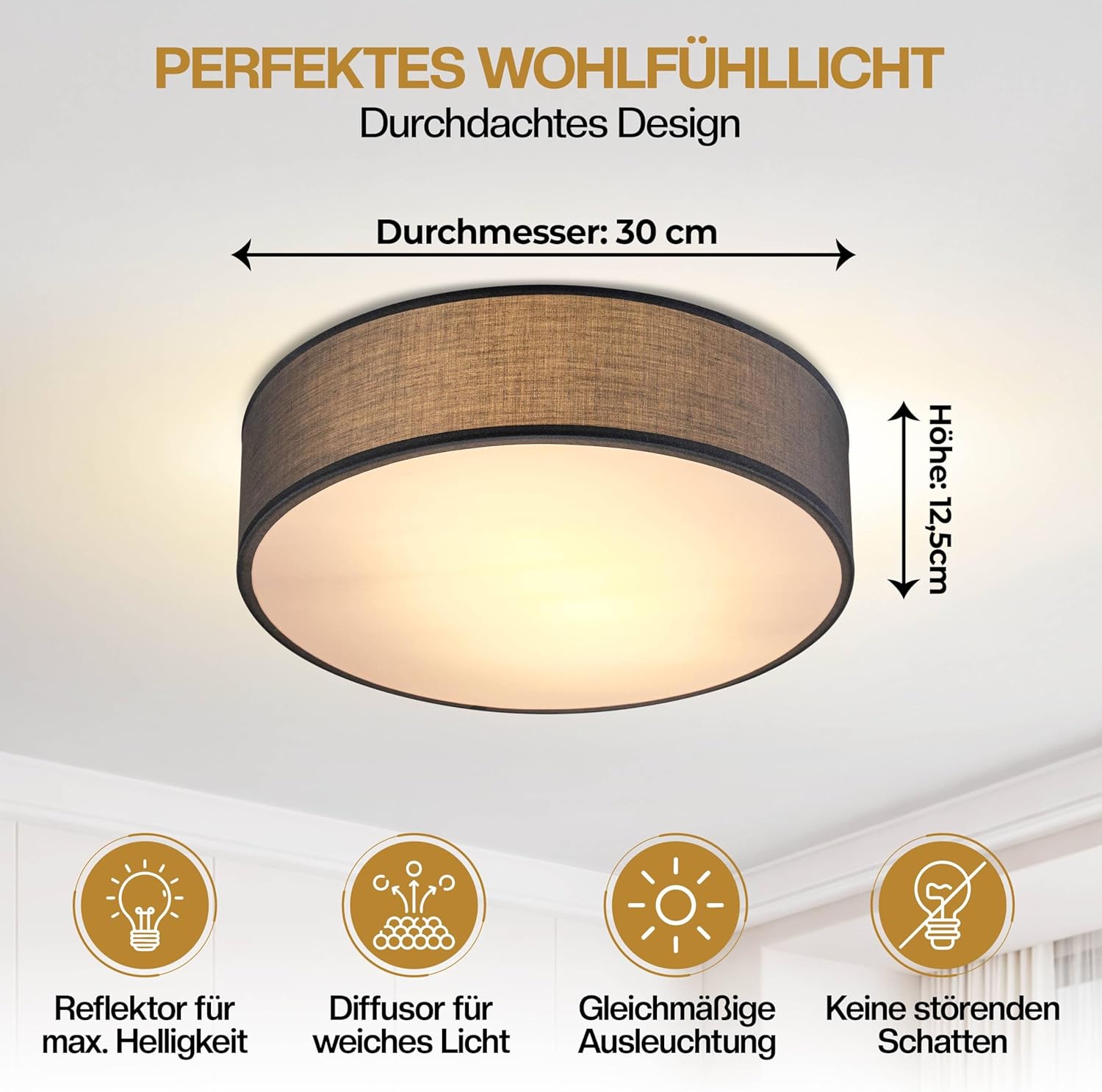 Monzana® Deckenlampe Stoff Wohnzimmer Schlafzimmer E27 Grau 30cm Rund 1-Flammig 40W Lampe Flur Küche Deckenstrahler Deckenleuchte Stoffdeckenlampe — Ansicht 4