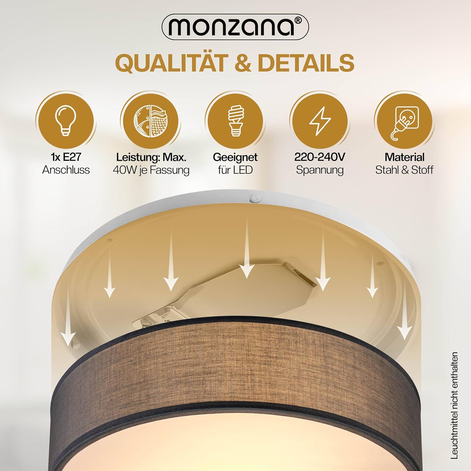 Monzana® Deckenlampe Stoff Wohnzimmer Schlafzimmer E27 Grau 30cm Rund 1-Flammig 40W Lampe Flur Küche Deckenstrahler Deckenleuchte Stoffdeckenlampe — Ansicht 6
