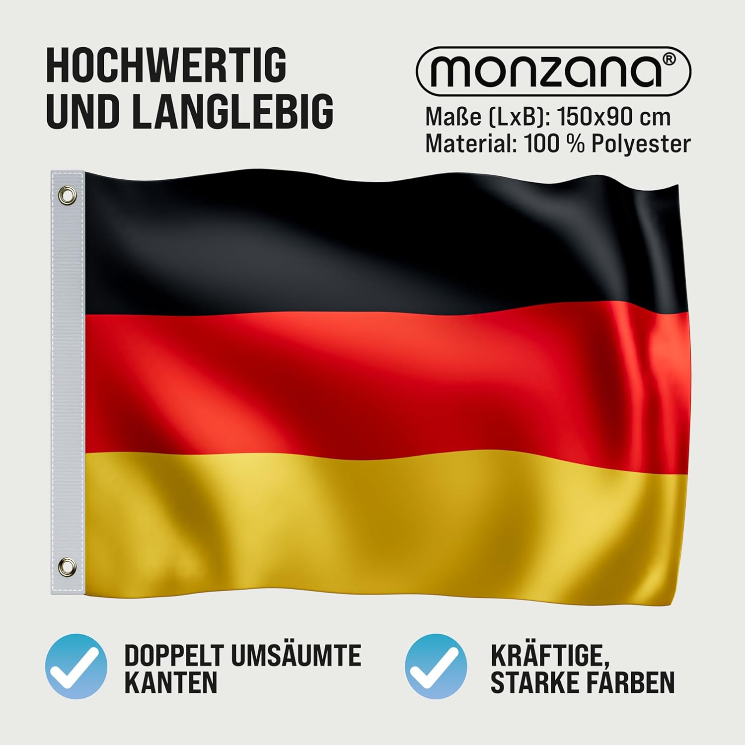 MONZANA® Deutschland Flagge 150x90cm Deutschlandfahne Metallösen strapazierfähig Fahne 100% Polyester Garten Outdoor Indoor Länder doppelt umsäumte Kanten Pflegeleicht — Ansicht 2
