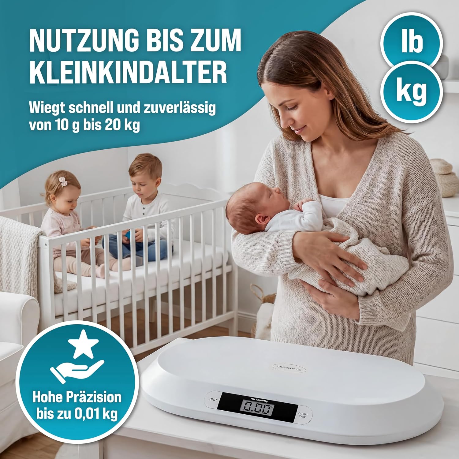 MONZANA® Digitale Babywaage bis 20 kg Säuglingswaage mit Tara-Funktion - Große Liegefläche LCD-Display Stillwaage Holdfunktion Hunde & Katzen Kleintiere — Ansicht 3