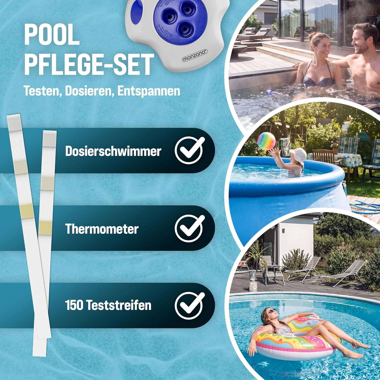 MONZANA® Dosierschwimmer Pool für 20-200g Tabletten inklusive 150 3in1 Teststreifen Klein Groß UV- Resistent Chlor Schwimmer Dosierer mit Thermometer — Ansicht 2