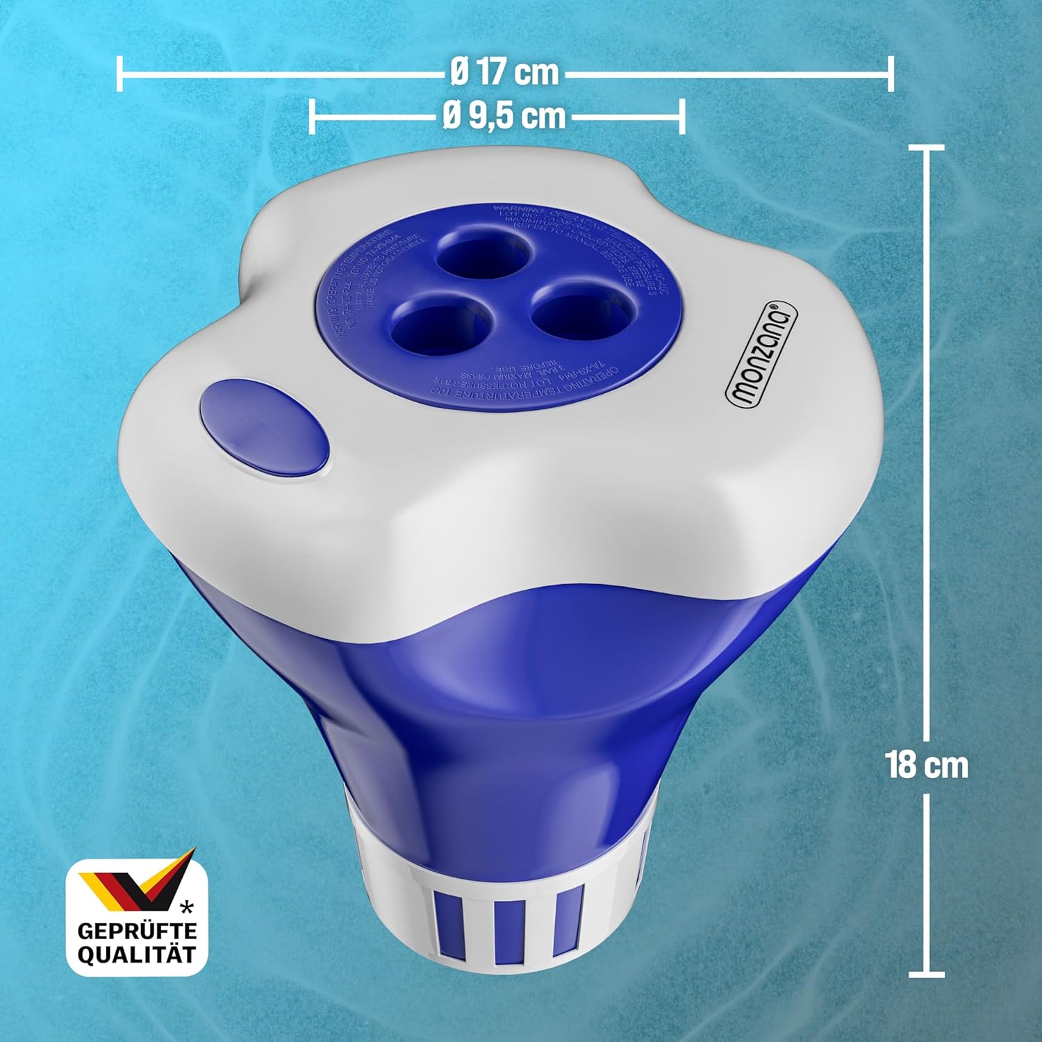 MONZANA® Dosierschwimmer Pool für 20-200g Tabletten inklusive 150 3in1 Teststreifen Klein Groß UV- Resistent Chlor Schwimmer Dosierer mit Thermometer — Ansicht 4