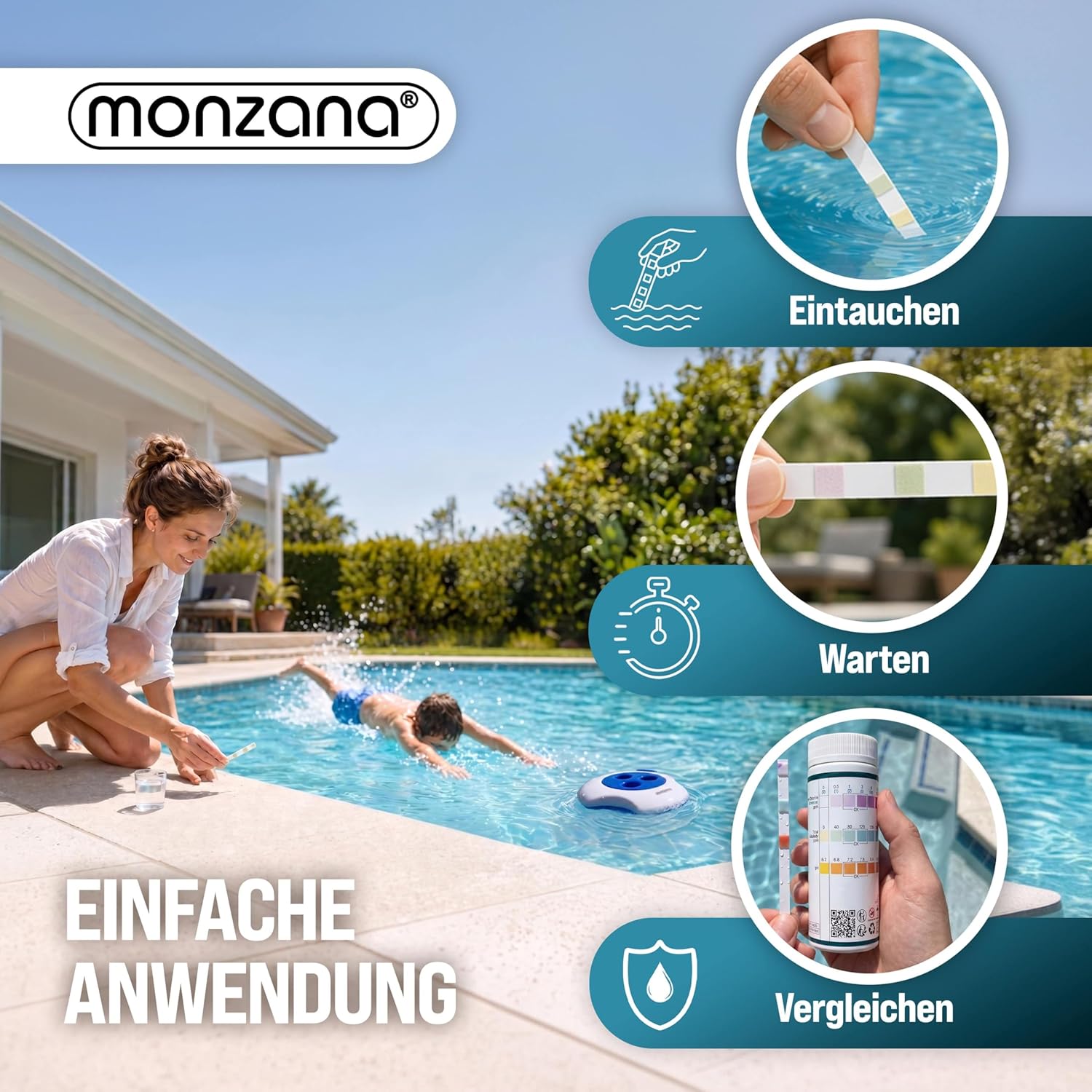 MONZANA® Dosierschwimmer Pool für 20-200g Tabletten inklusive 150 3in1 Teststreifen Klein Groß UV- Resistent Chlor Schwimmer Dosierer mit Thermometer — Ansicht 6