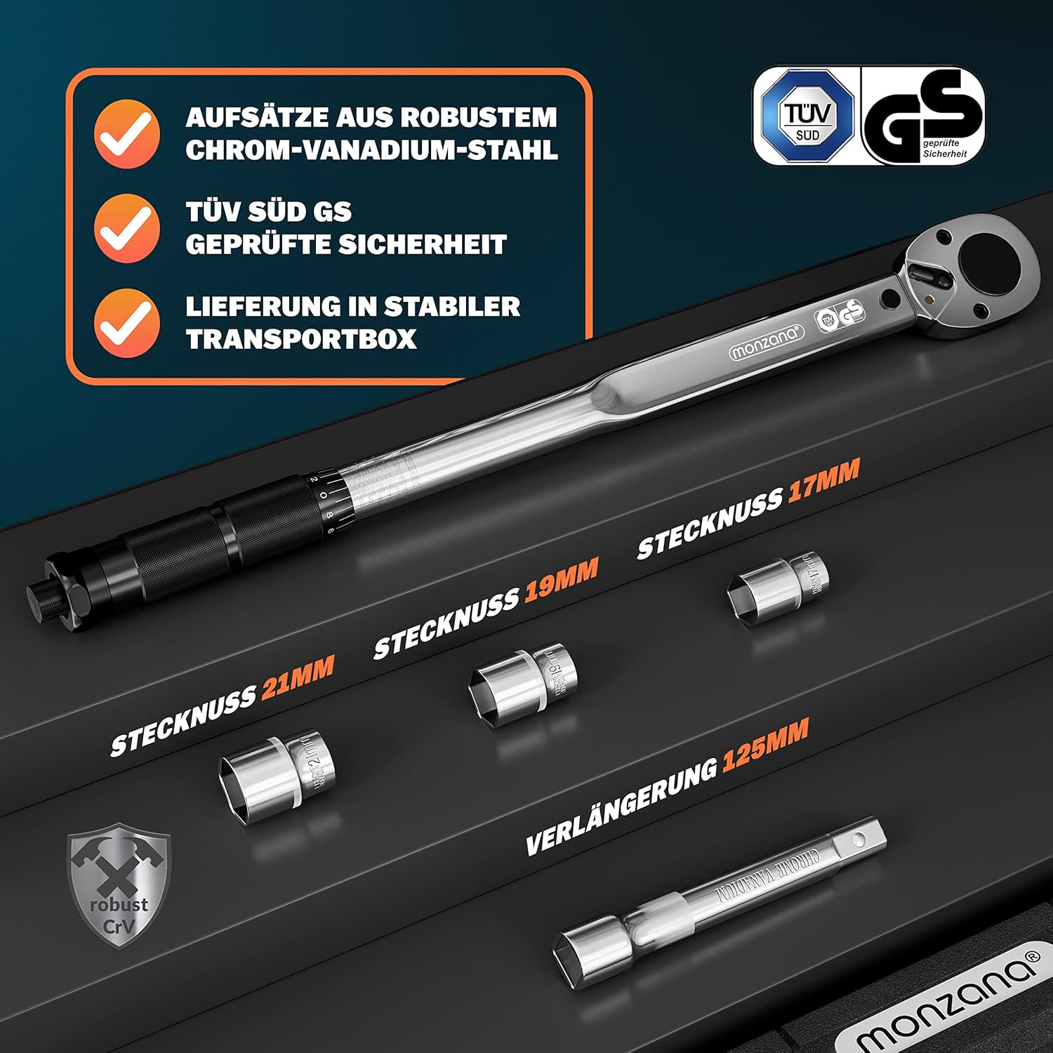 Monzana® Drehmomentschlüssel 6tlg. Set 40-210Nm TÜV Süd GS 1/2' Zoll CrV +/- 3% Toleranz Wende Ratschenkopf inkl. 3 Stecknüsse 17, 19, 21mm Verlängerung inkl. Koffer Auto Motorrad — Ansicht 3