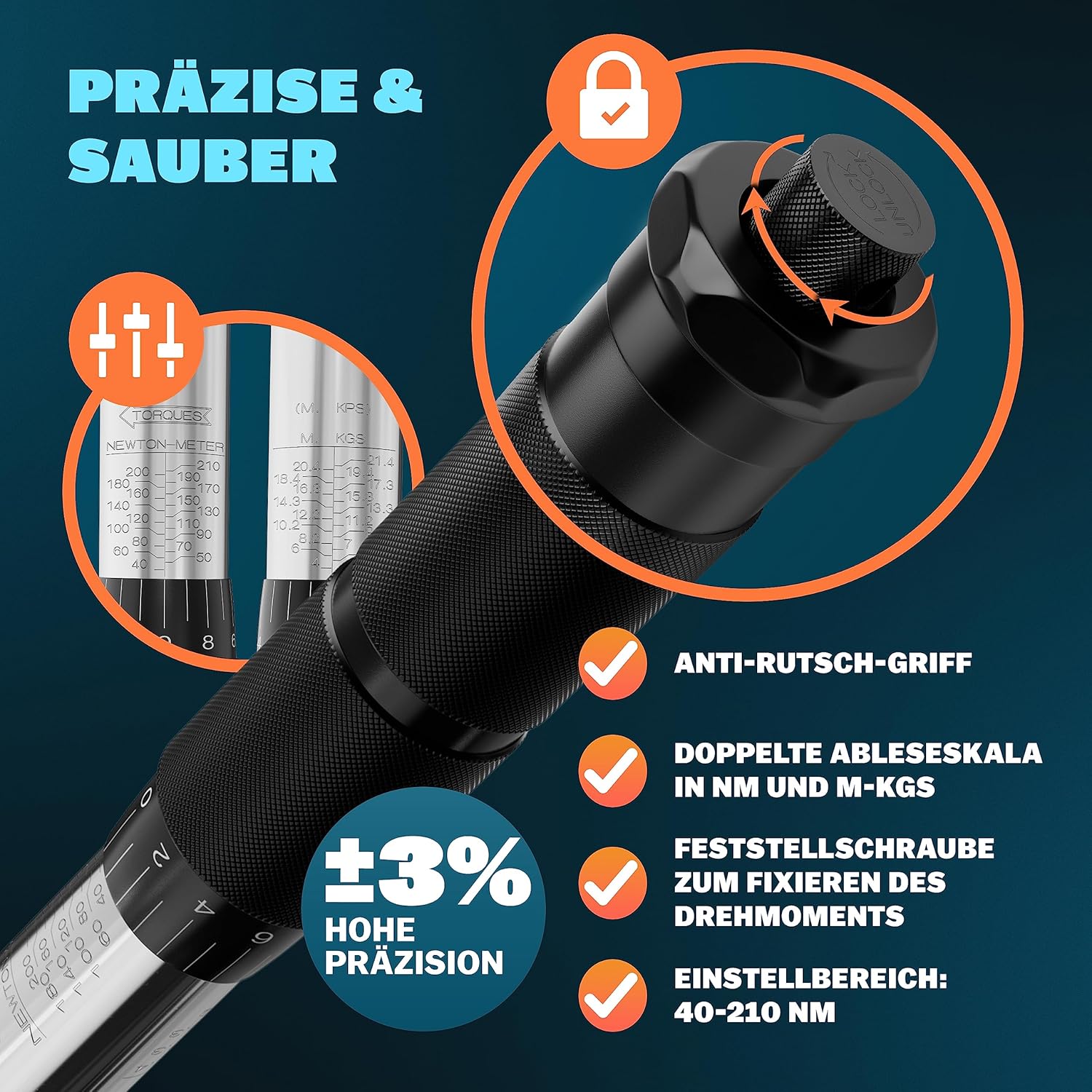 Monzana® Drehmomentschlüssel 6tlg. Set 40-210Nm TÜV Süd GS 1/2' Zoll CrV +/- 3% Toleranz Wende Ratschenkopf inkl. 3 Stecknüsse 17, 19, 21mm Verlängerung inkl. Koffer Auto Motorrad — Ansicht 4