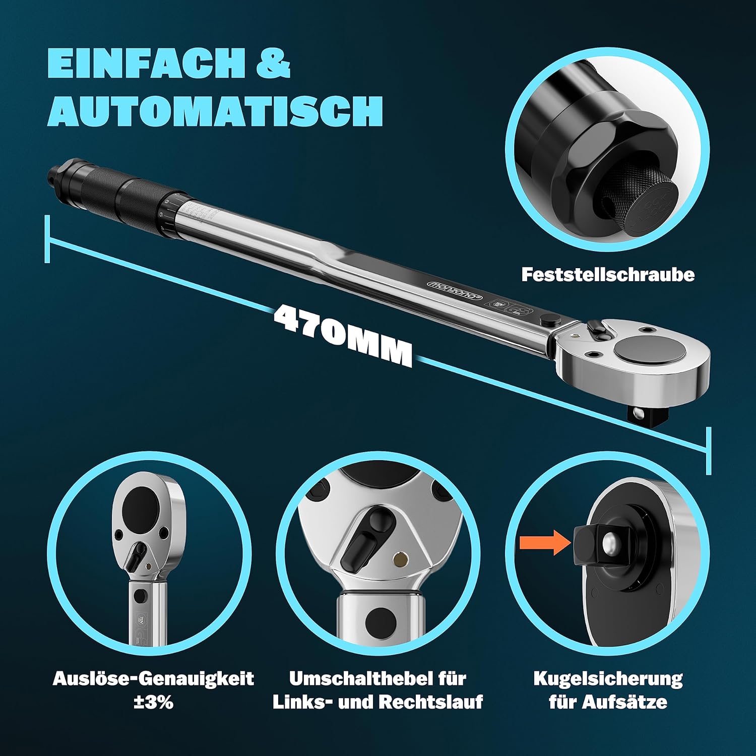 Monzana® Drehmomentschlüssel 6tlg. Set 40-210Nm TÜV Süd GS 1/2' Zoll CrV +/- 3% Toleranz Wende Ratschenkopf inkl. 3 Stecknüsse 17, 19, 21mm Verlängerung inkl. Koffer Auto Motorrad — Ansicht 5