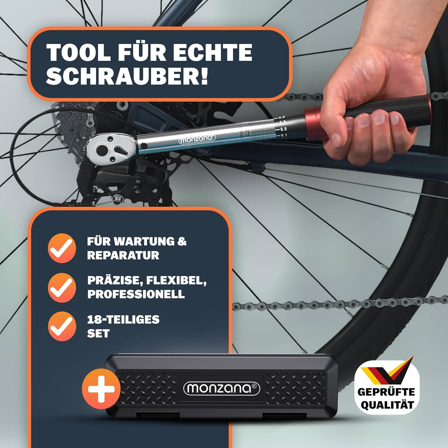 Monzana® Drehmomentschlüssel Fahrrad 18 tlg. Set 1/4 Zoll 1-25 NM ±3% CV-Stahl Verlängerung Transportbox Hochwertiges Bitset Werkzeug Motorrad — Ansicht 2