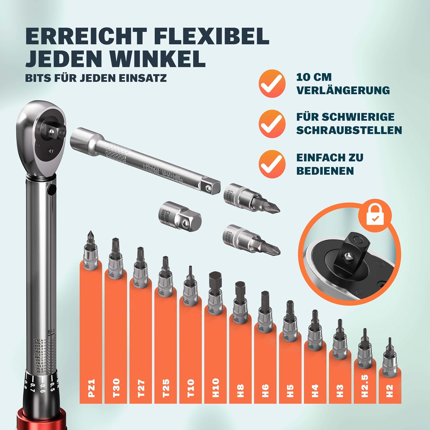 Monzana® Drehmomentschlüssel Fahrrad 18 tlg. Set 1/4 Zoll 1-25 NM ±3% CV-Stahl Verlängerung Transportbox Hochwertiges Bitset Werkzeug Motorrad — Ansicht 4