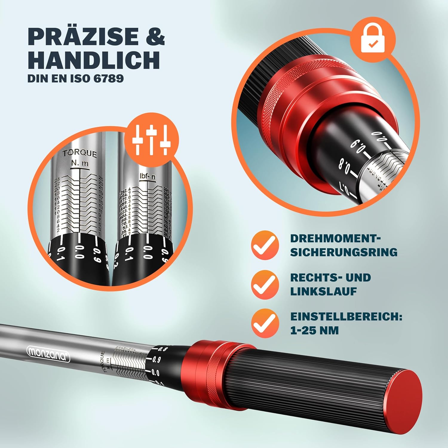 Monzana® Drehmomentschlüssel Fahrrad 18 tlg. Set 1/4 Zoll 1-25 NM ±3% CV-Stahl Verlängerung Transportbox Hochwertiges Bitset Werkzeug Motorrad — Ansicht 5