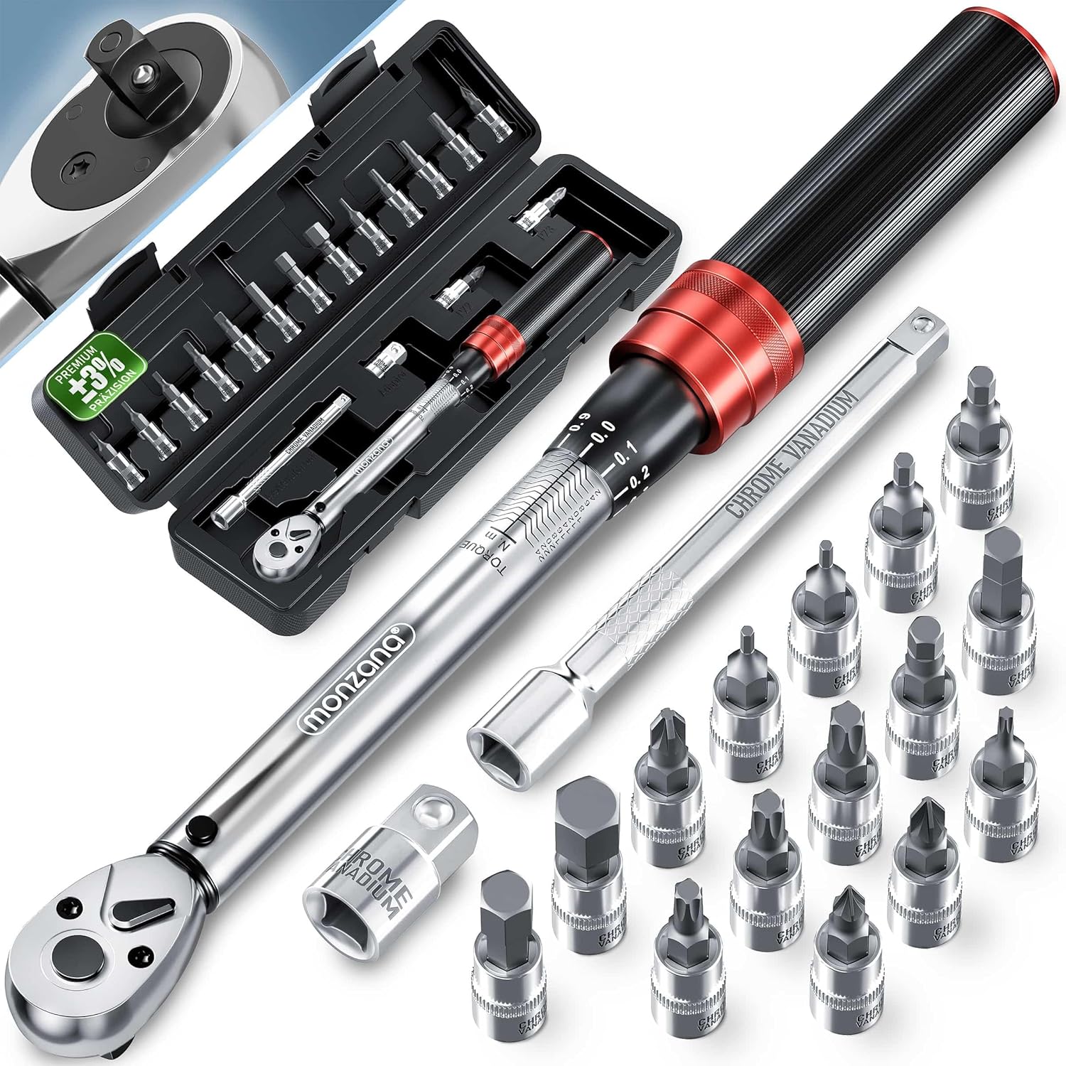 Monzana® Drehmomentschlüssel Fahrrad 18 tlg. Set 1/4 Zoll 1-25 NM ±3% CV-Stahl Verlängerung Transportbox Hochwertiges Bitset Werkzeug Motorrad