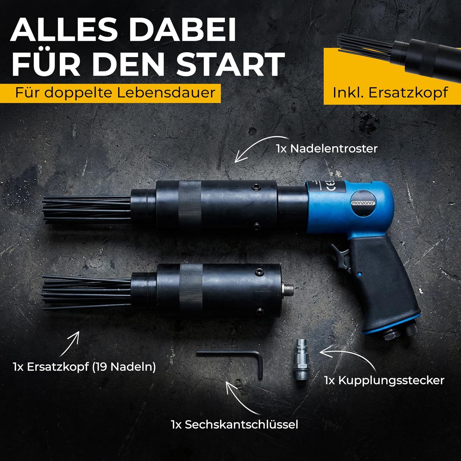MONZANA® Druckluft Nadelentroster Ersatzkopf 4000 U/min bis 260 l/min Nadelpistole Entroster Rost Lackentferner — Ansicht 4
