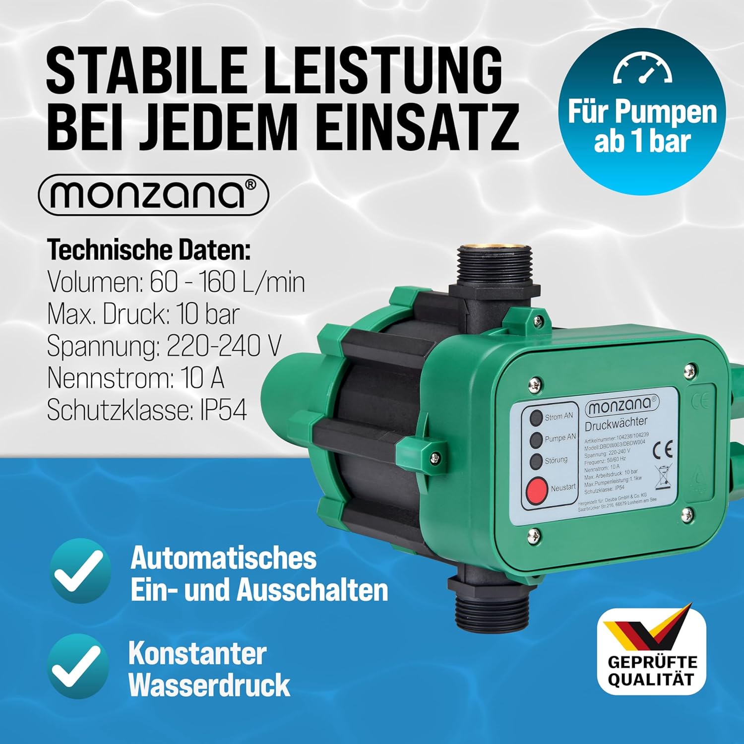 MONZANA® Druckschalter Wasserpumpe mit Kabel 10 Bar Trockenlaufschutz Pumpensteuerung Hauswasserwerk Druckwächter Gartenpumpe Drucktaster — Ansicht 2