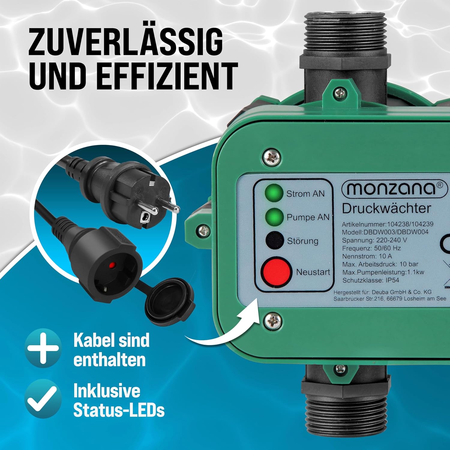 MONZANA® Druckschalter Wasserpumpe mit Kabel 10 Bar Trockenlaufschutz Pumpensteuerung Hauswasserwerk Druckwächter Gartenpumpe Drucktaster — Ansicht 6