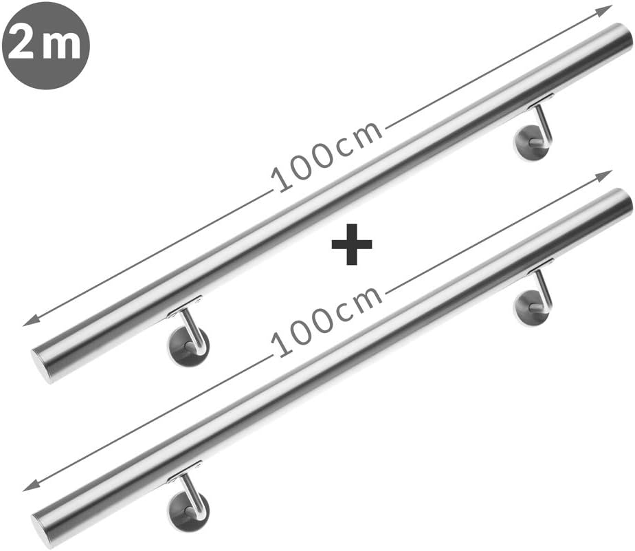 MONZANA® Edelstahl Handlauf V2A Geländer Treppengeländer 200 cm Wandhalterung Verbindung Verschlusskappen Innen & Außen — Ansicht 3