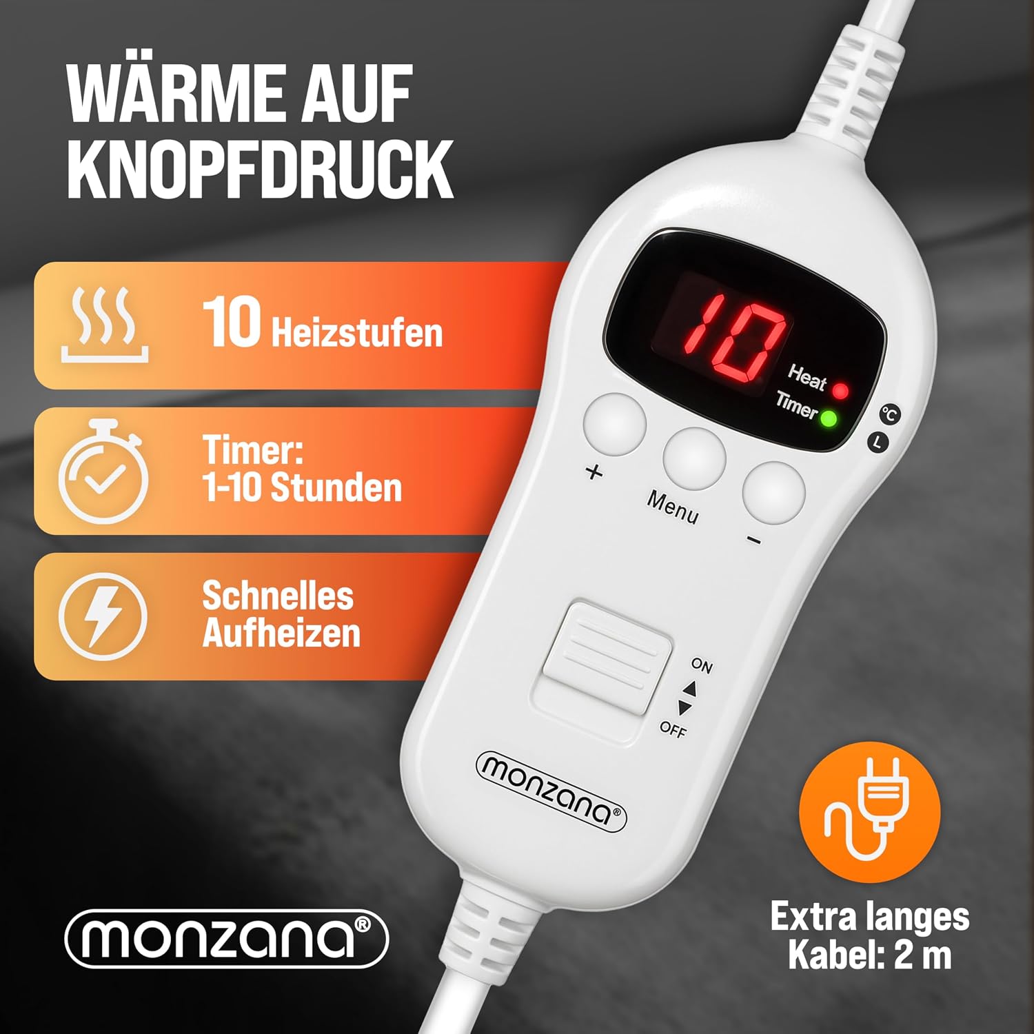 Monzana® Elektrische Heizdecke 180x130cm 120W 10 Heizstufen 10h Timer Abschaltautomatik Überhitzungsschutz waschbar Fleece Wärmedecke für Bett schwarz — Ansicht 4