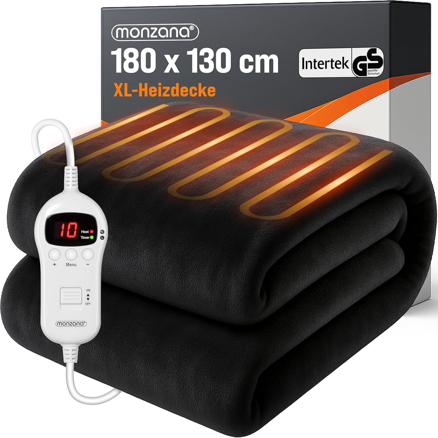 Monzana® Elektrische Heizdecke 180x130cm 120W 10 Heizstufen 10h Timer Abschaltautomatik Überhitzungsschutz waschbar Fleece Wärmedecke für Bett schwarz