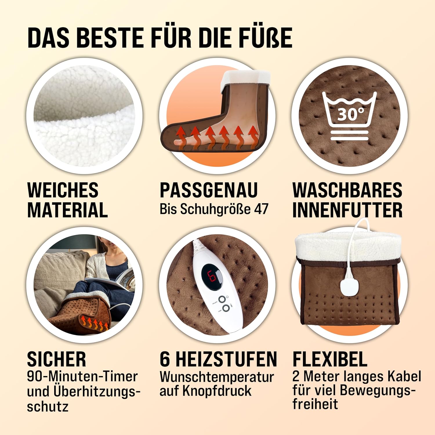 MONZANA® elektrischer Fußwärmer 6 Heizstufen 90min Timer Größe 47 Fußheizung Wärmeschuh Überhitzungsschutz waschbar braun — Ansicht 6