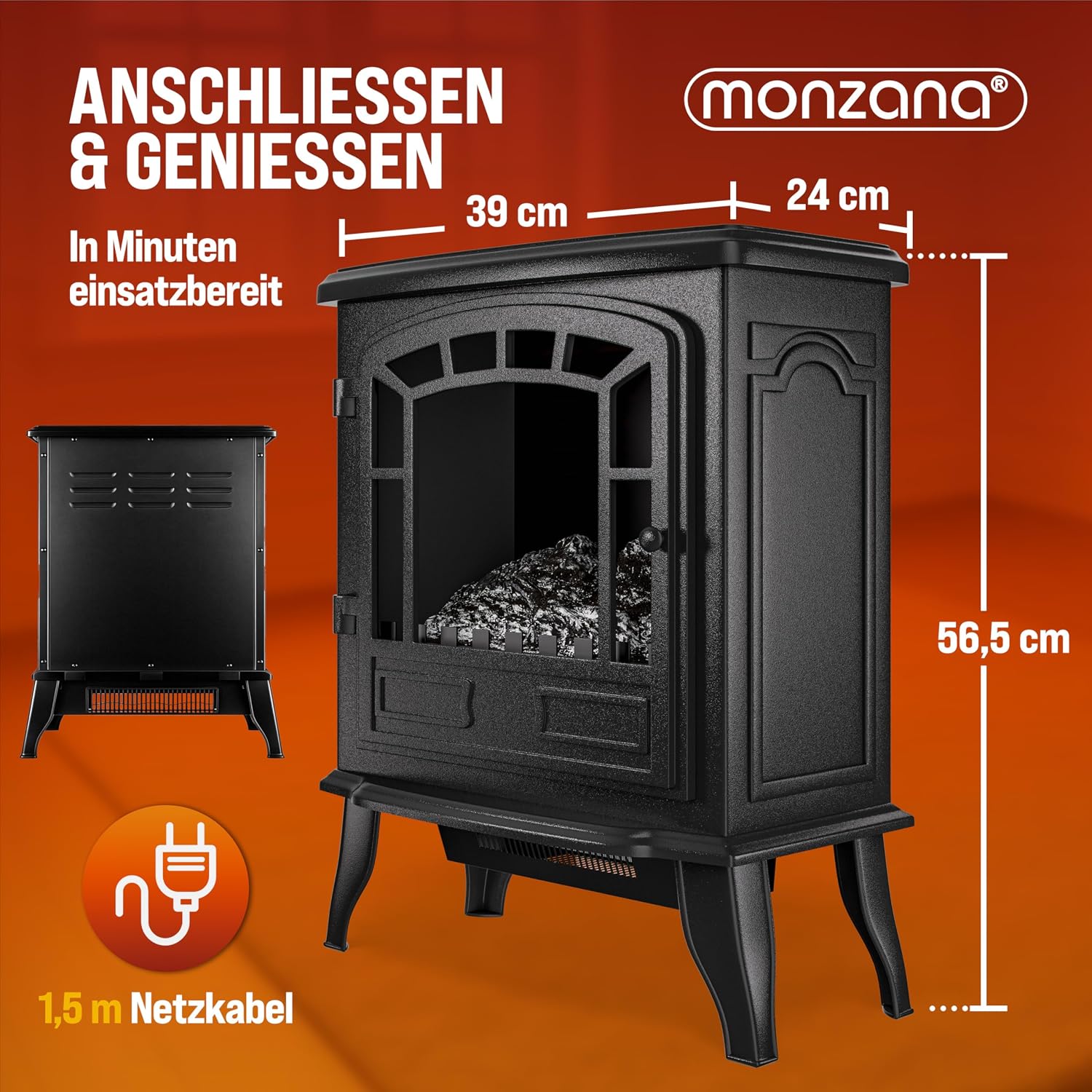 MONZANA® Elektrokamin mit LED Flammeneffekt Heizlüfter 2000W 2 Heizstufen Kamin Ofen Heizung Wohnzimmer 39x24x57cm Schwarz — Ansicht 3