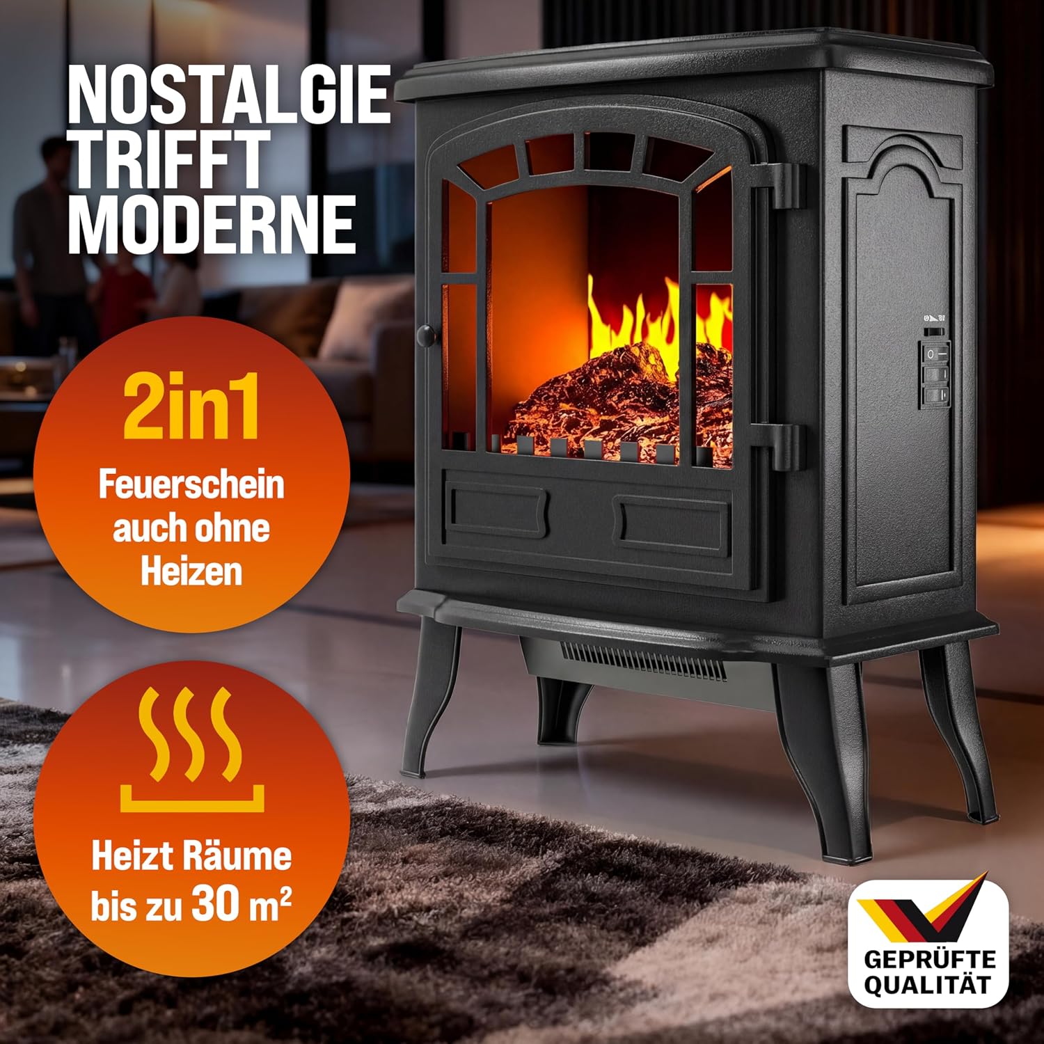 MONZANA® Elektrokamin mit LED Flammeneffekt Heizlüfter 2000W 2 Heizstufen Kamin Ofen Heizung Wohnzimmer 39x24x57cm Schwarz — Ansicht 4