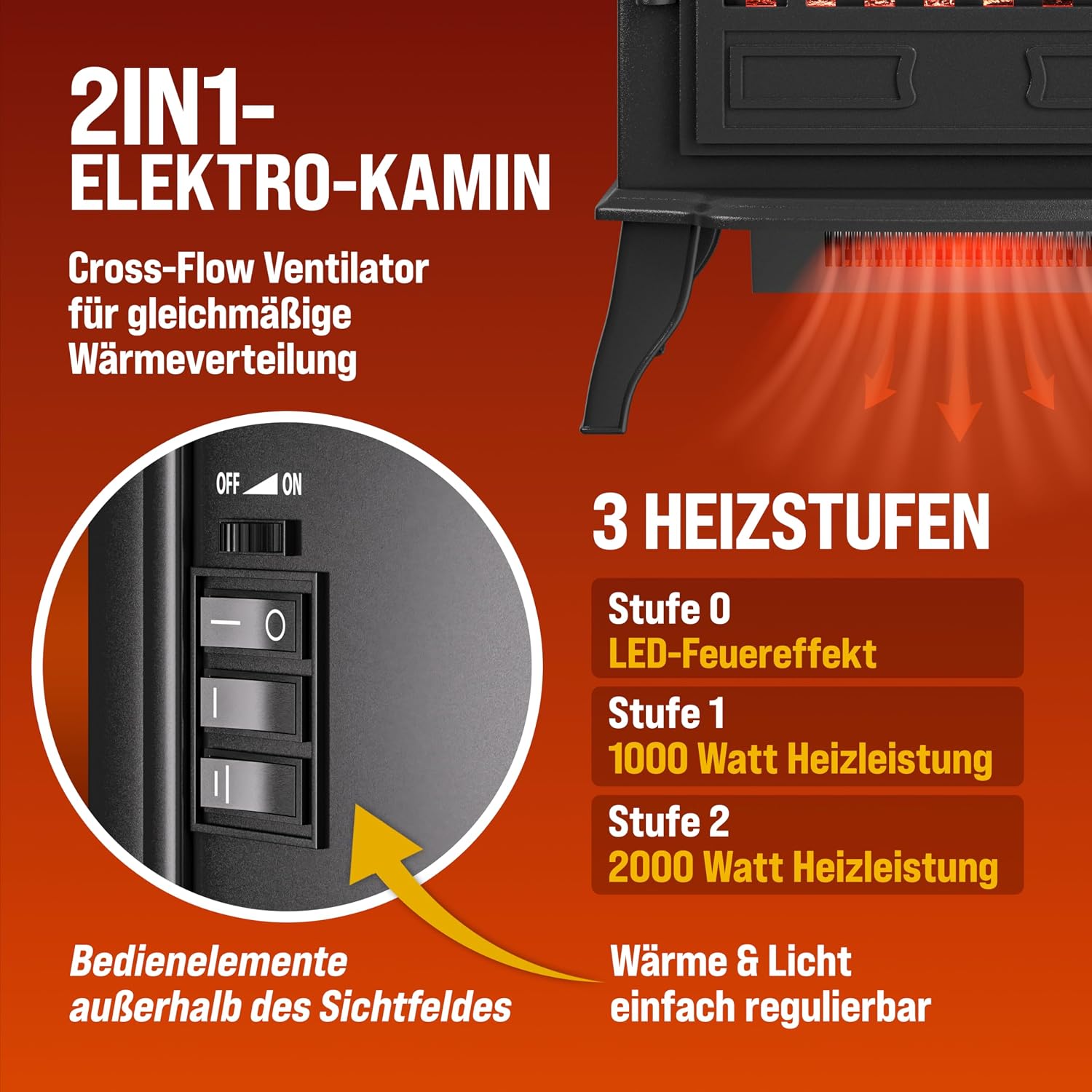 MONZANA® Elektrokamin mit LED Flammeneffekt Heizlüfter 2000W 2 Heizstufen Kamin Ofen Heizung Wohnzimmer 39x24x57cm Schwarz — Ansicht 5