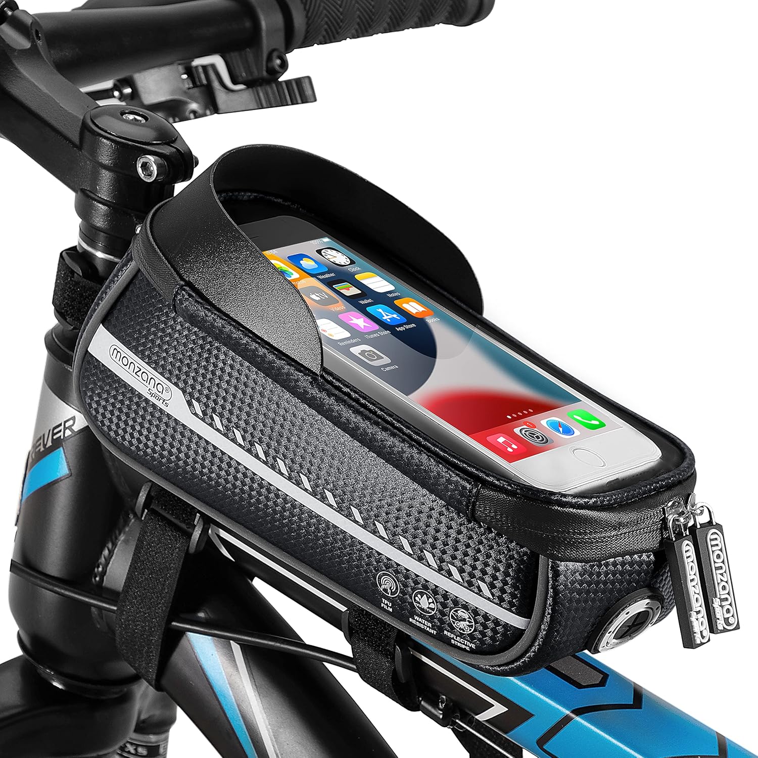 MONZANA® Fahrrad Rahmentasche Wasserdicht Reflektierend Abnehmbar Schwarz Grau TPU Touchscreen Handyhalterung bis 6,8 Zoll Rahmen Handy Lenker Tasche
