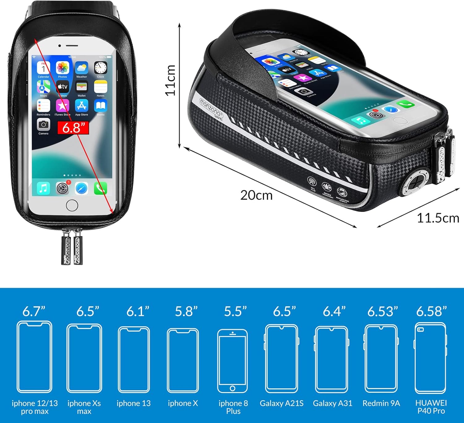 MONZANA® Fahrrad Rahmentasche Wasserdicht Reflektierend Abnehmbar Schwarz Grau TPU Touchscreen Handyhalterung bis 6,8 Zoll Rahmen Handy Lenker Tasche — Ansicht 6