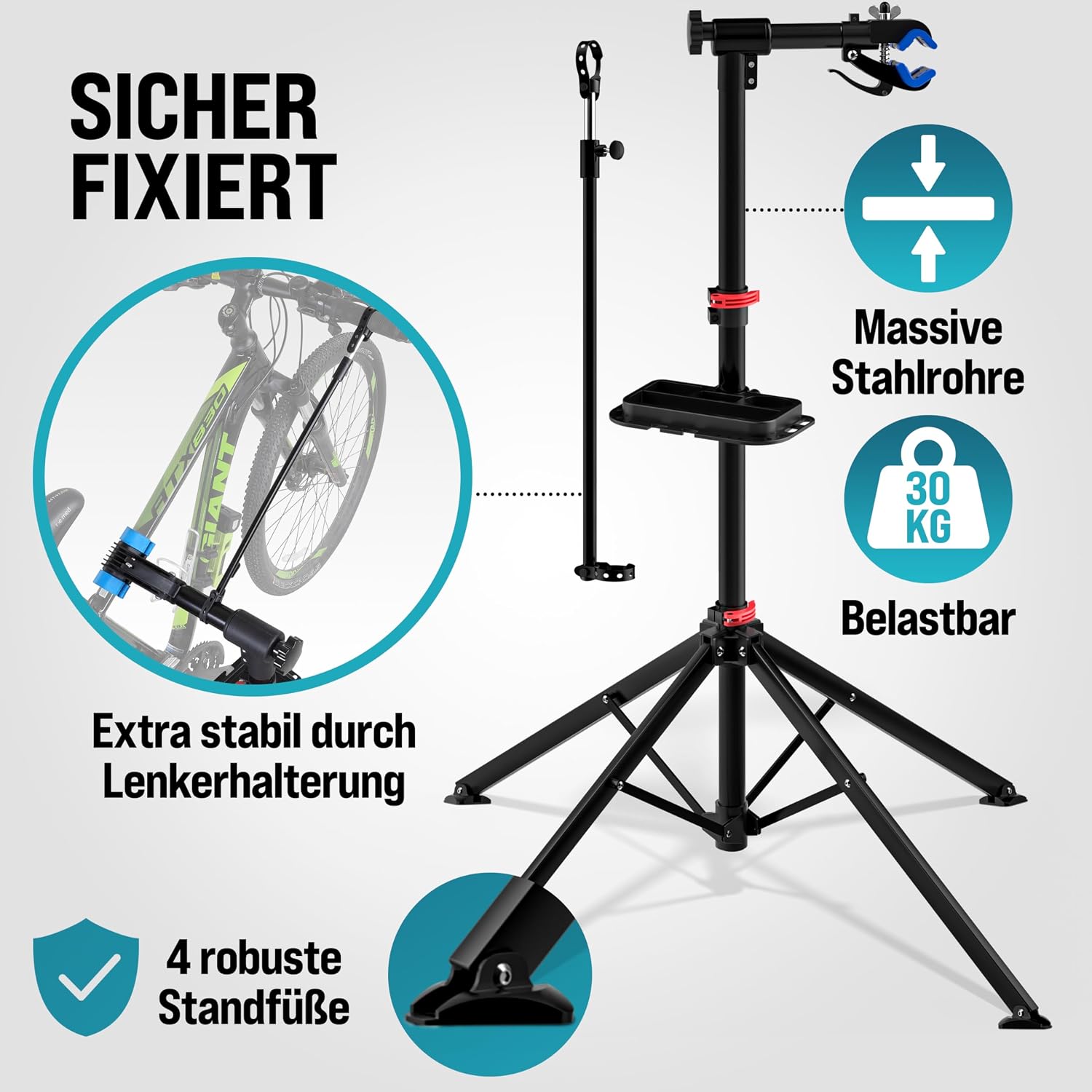 MONZANA® Fahrradmontageständer 30 kg mit Drehmomentschlüssel 1/4 Zoll Set Profi klappbar Tragetasche Reifenheber 1-25 Nm Bitset Transportbox — Ansicht 2
