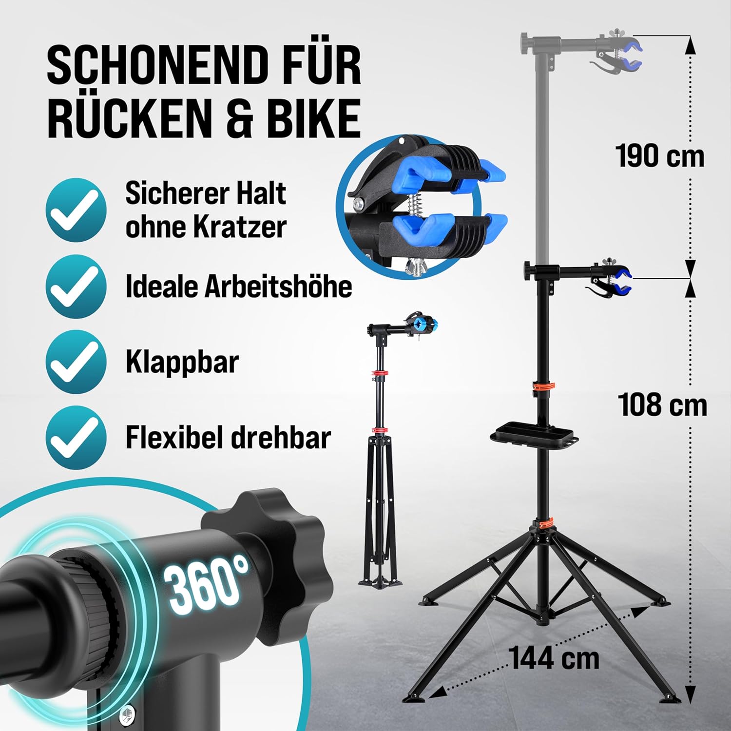 MONZANA® Fahrradmontageständer 30 kg mit Drehmomentschlüssel 1/4 Zoll Set Profi klappbar Tragetasche Reifenheber 1-25 Nm Bitset Transportbox — Ansicht 3