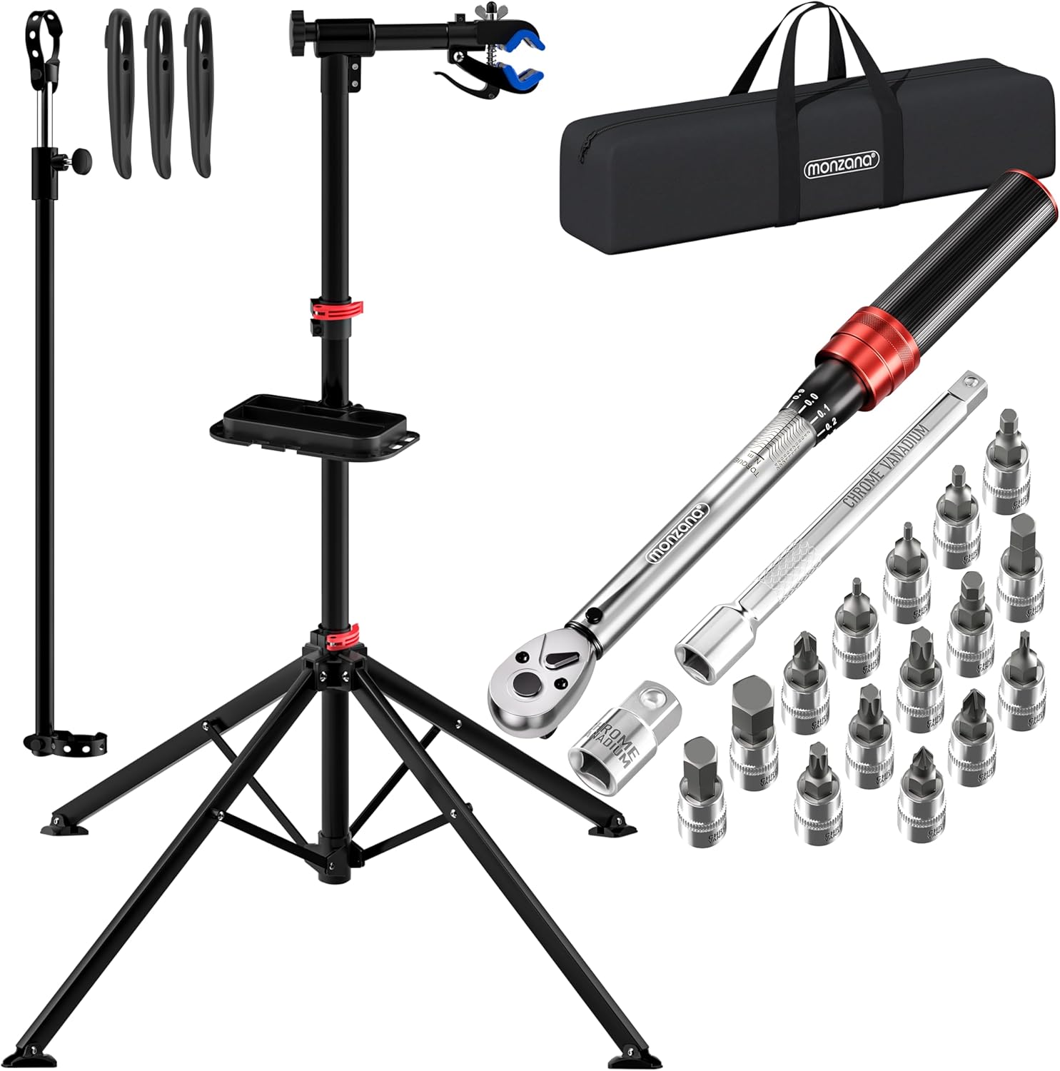 MONZANA® Fahrradmontageständer 30 kg mit Drehmomentschlüssel 1/4 Zoll Set Profi klappbar Tragetasche Reifenheber 1-25 Nm Bitset Transportbox