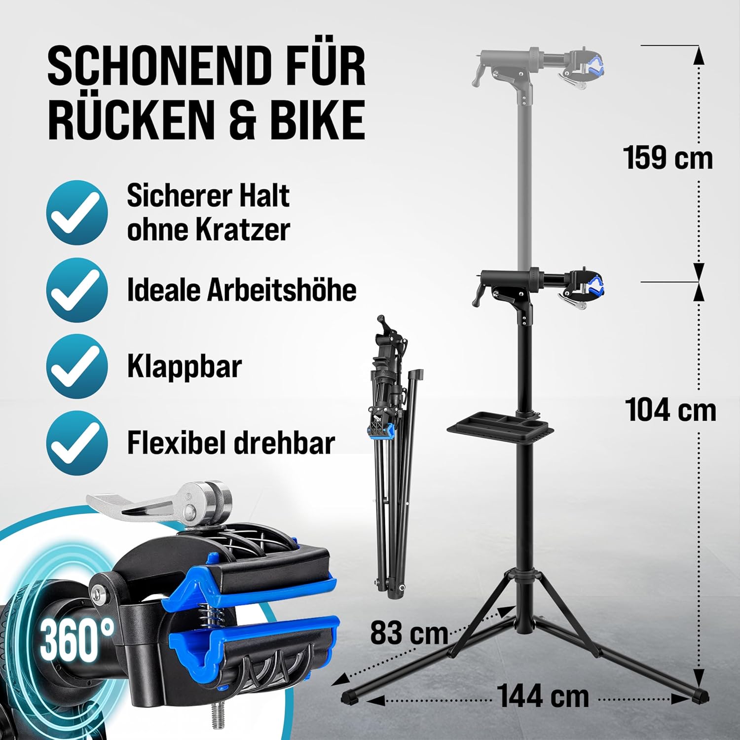 MONZANA® Fahrradmontageständer 50 kg mit Drehmomentschlüssel 1/4 Zoll Set Profi E-Bike klappbar Tragetasche Reifenheber 1-25 Nm Bitset Transportbox — Ansicht 3
