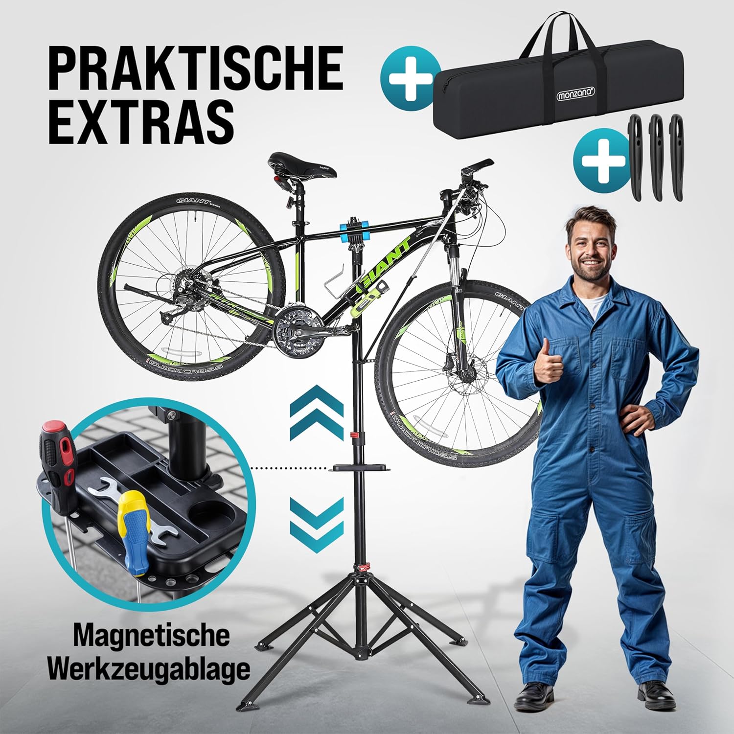 Monzana® Fahrradmontageständer Profi 30 kg Tragetasche Reifenheber Werkzeugablage Stahl klappbar höhenverstellbar Reparaturständer Fahrrad — Ansicht 3