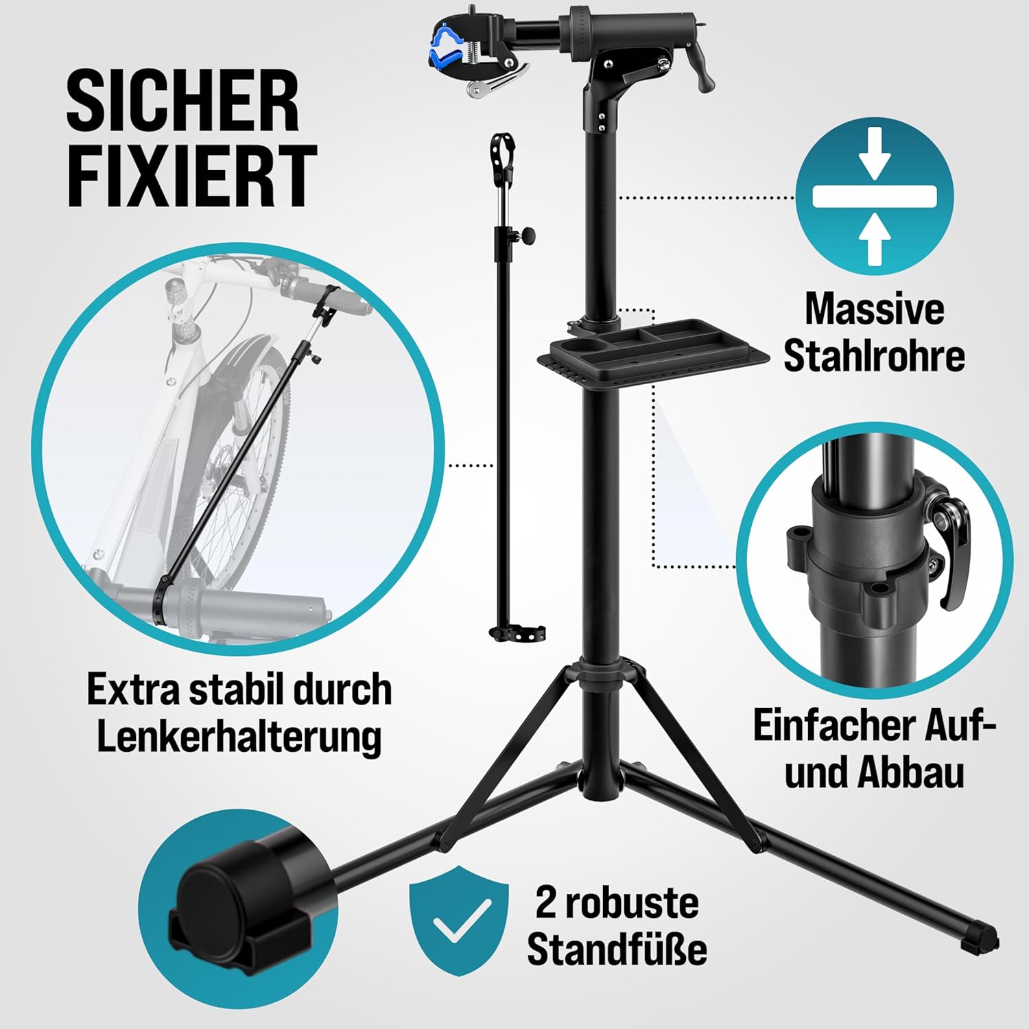 Monzana® Fahrradmontageständer Profi 50 kg für E-Bike Tragetasche Reifenheber Werkzeugablage Stahl klappbar höhenverstellbar Reparaturständer Fahrrad — Ansicht 3