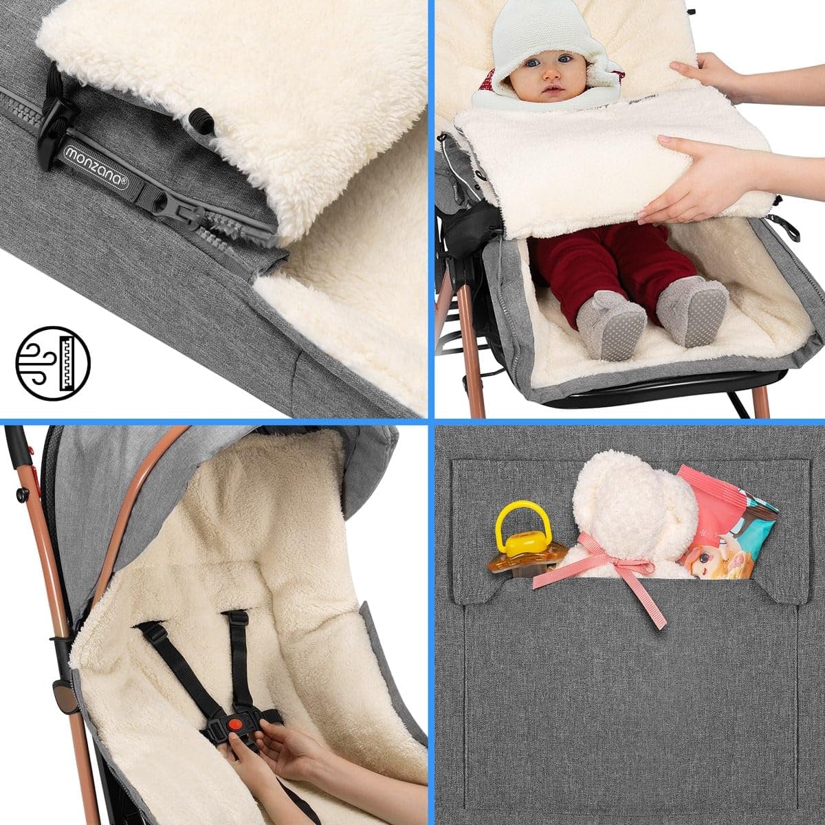 MONZANA® Fußsack für Kinderwagen Baby Winter mit Handwärmer Reflektoren Reißverschluss Buggy Waschbar Babyschale Schlafsack Kuschelig Dunkelgrün — Ansicht 5