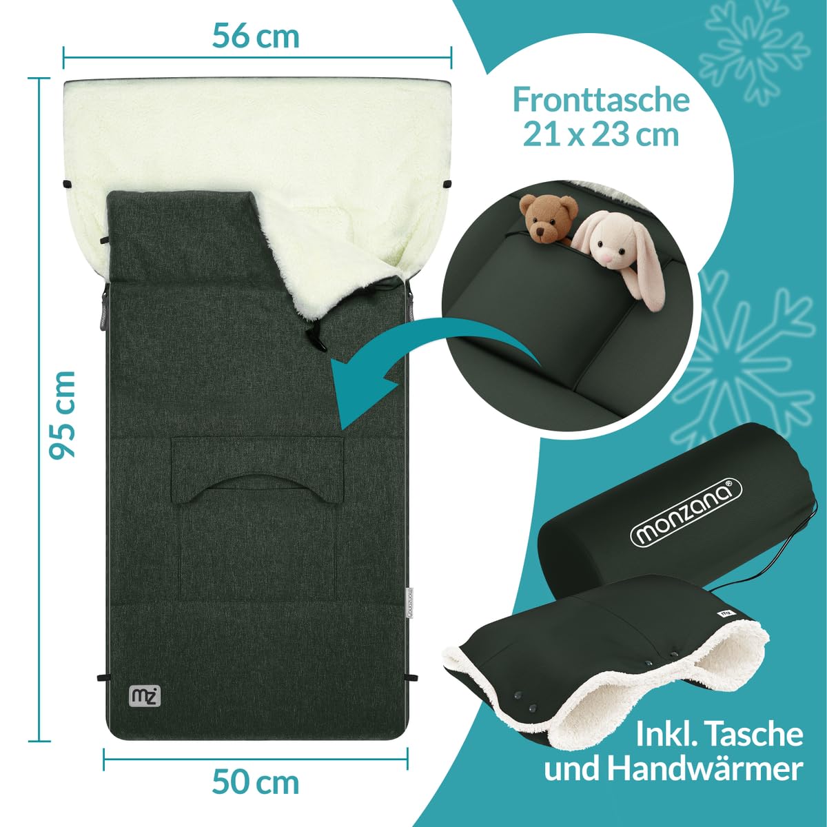 MONZANA® Fußsack Kinderwagen Baby Winter | Winterfußsack & Fußsack Buggy mit Handwärmer, Reflektoren & Reißverschluss | Kuschelig, wasserabweisend, waschbar | Baby Fußsack dunkelgrün 3 & 5 Punkt — Ansicht 2