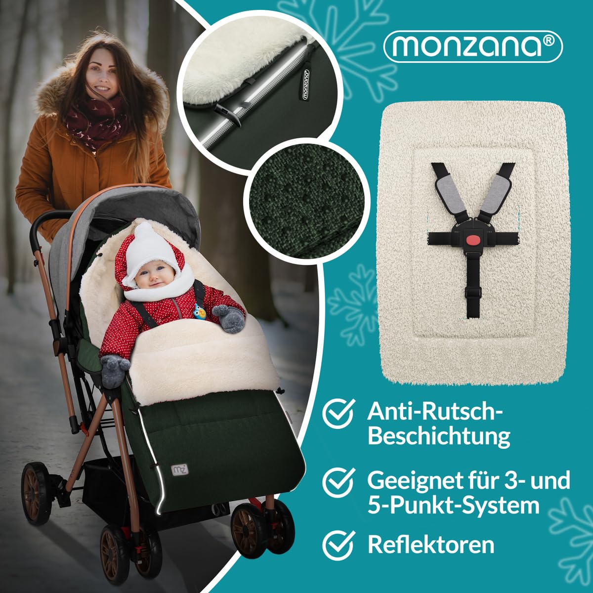 MONZANA® Fußsack Kinderwagen Baby Winter | Winterfußsack & Fußsack Buggy mit Handwärmer, Reflektoren & Reißverschluss | Kuschelig, wasserabweisend, waschbar | Baby Fußsack dunkelgrün 3 & 5 Punkt — Ansicht 3